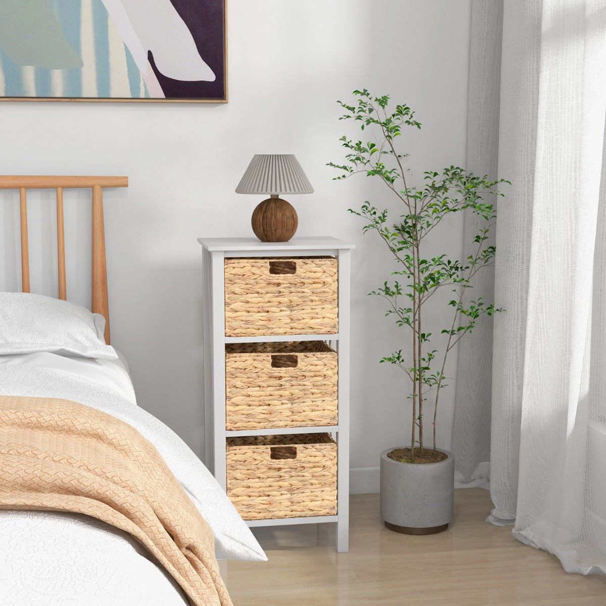 Mesinha de Cabeceira de 4 Níveis com 3 Cestos de Junco Marinho Design em X Pernas de Madeira de Acácia para Sala de Estar Quarto Branco