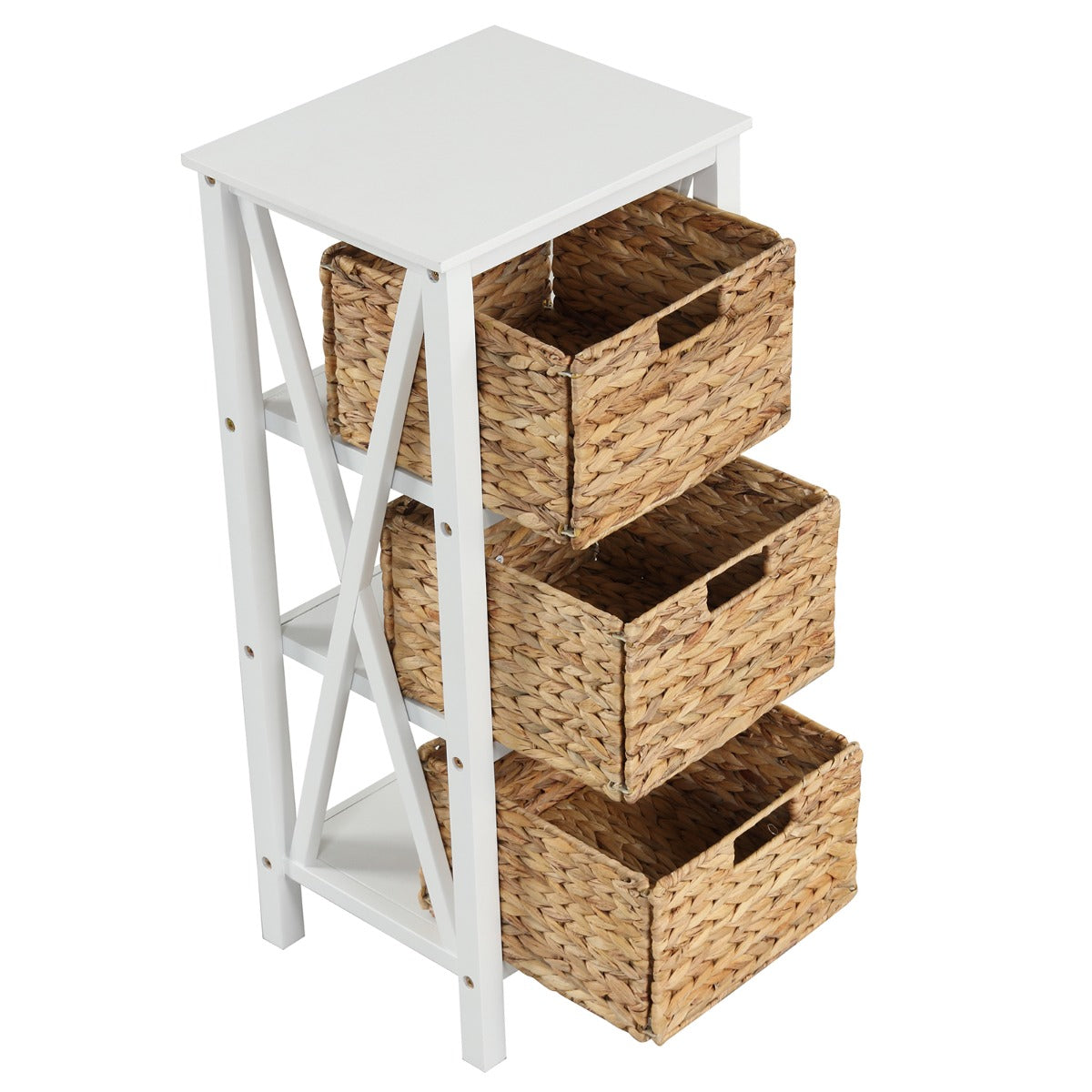Mesinha de Cabeceira de 4 Níveis com 3 Cestos de Junco Marinho Design em X Pernas de Madeira de Acácia para Sala de Estar Quarto Branco