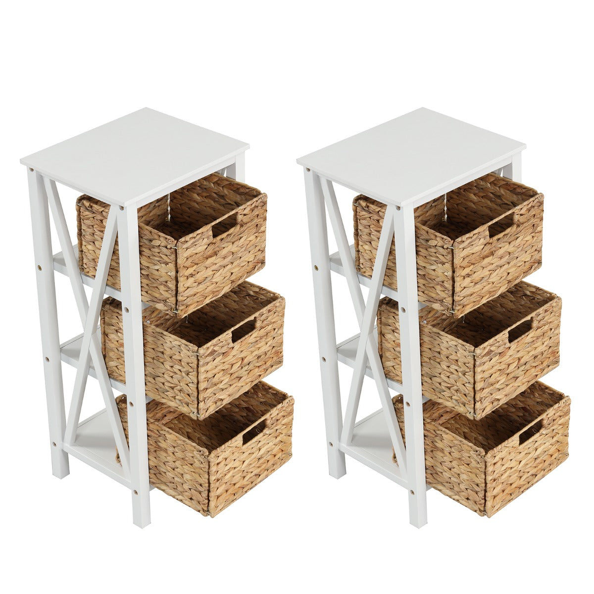 Conjunto de 2 Mesas de Cabeceira de 4 Níveis com 3 Cestos de Junco Marinho Design em X Pernas de Madeira de Acácia para Sala de Estar Branco