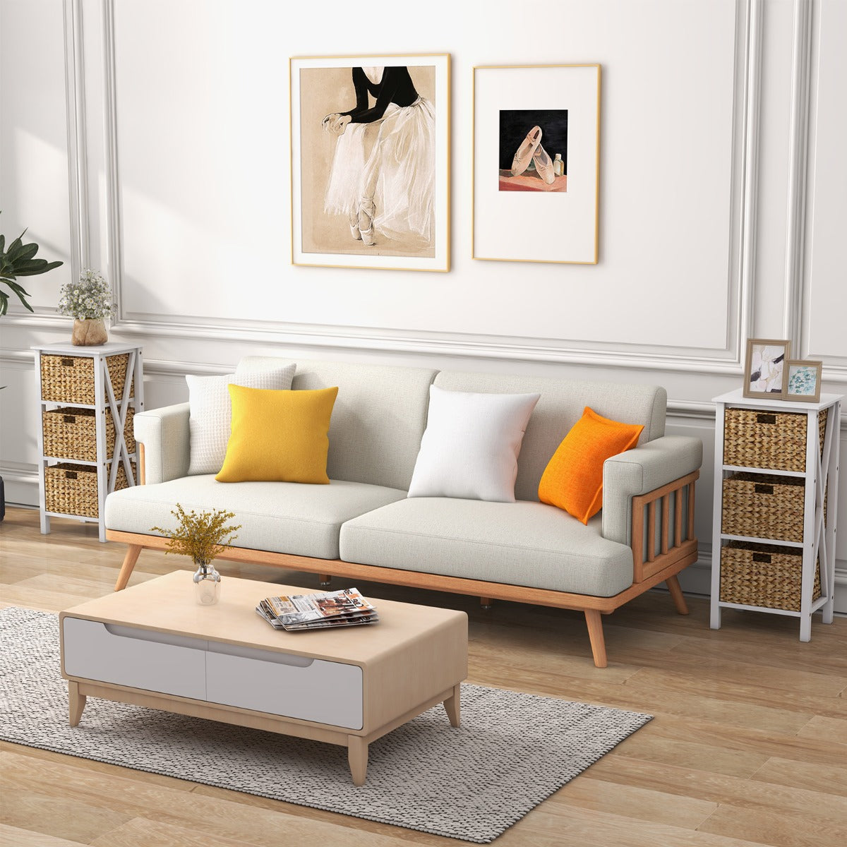 Conjunto de 2 Mesas de Cabeceira de 4 Níveis com 3 Cestos de Junco Marinho Design em X Pernas de Madeira de Acácia para Sala de Estar Branco