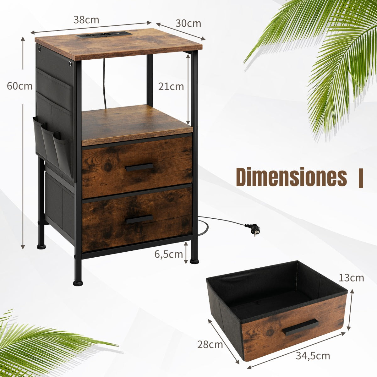 Mesinha de Cabeceira com Estação de Carregamento Gavetas e Bolsos Laterais Mesa Auxiliar com Portas USB e Tomadas CA 38 x 30 x 60 cm - Conjunto de 1