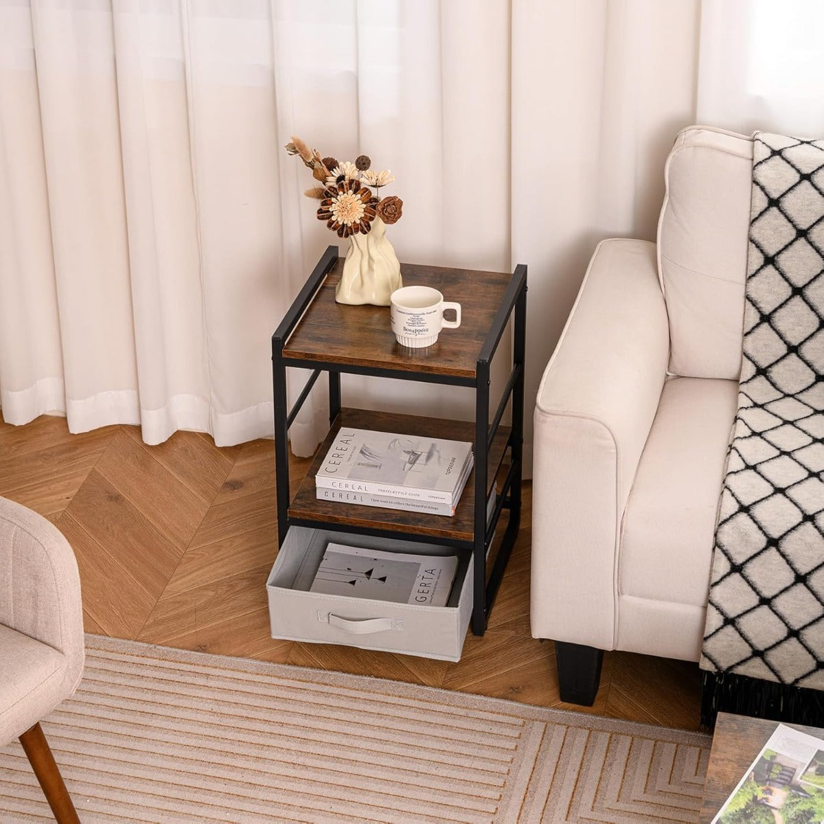 Mesinha de Apoio Industrial Mesa de Cabeceira com Prateleira Aberta e Gaveta de Tecido Mesa de Apoio Quadrada de 40 cm para Sala de Estar Quarto Castanho