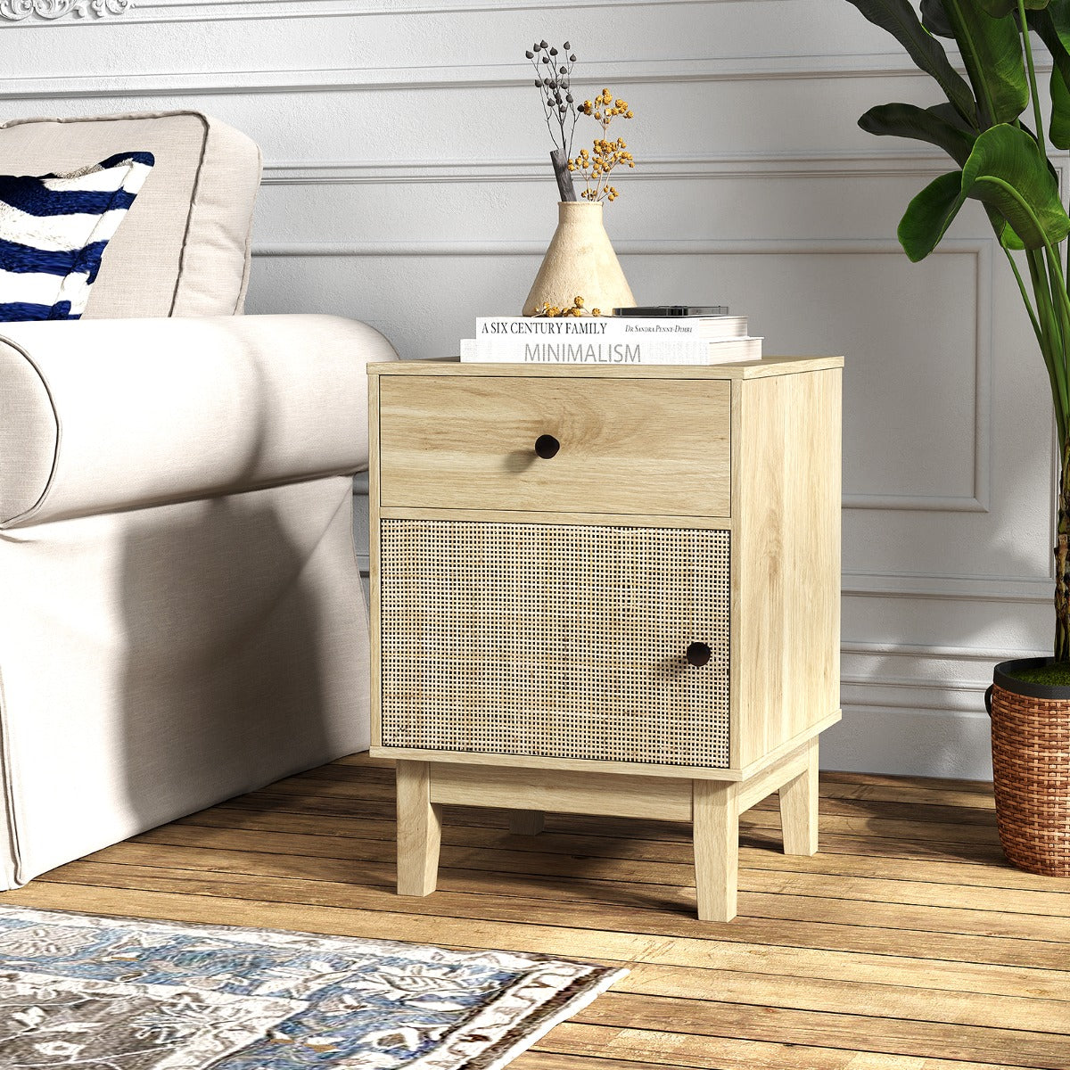 Mesinha de Cabeceira em Rattan Mesa Lateral Moderna com Gaveta e Armário Mesa Boho com Pernas de Madeira Maciça para Quarto-Natural