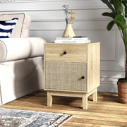 Mesinha de Cabeceira em Rattan Mesa Lateral Moderna com Gaveta e Armário Mesa Boho com Pernas de Madeira Maciça para Quarto-Natural