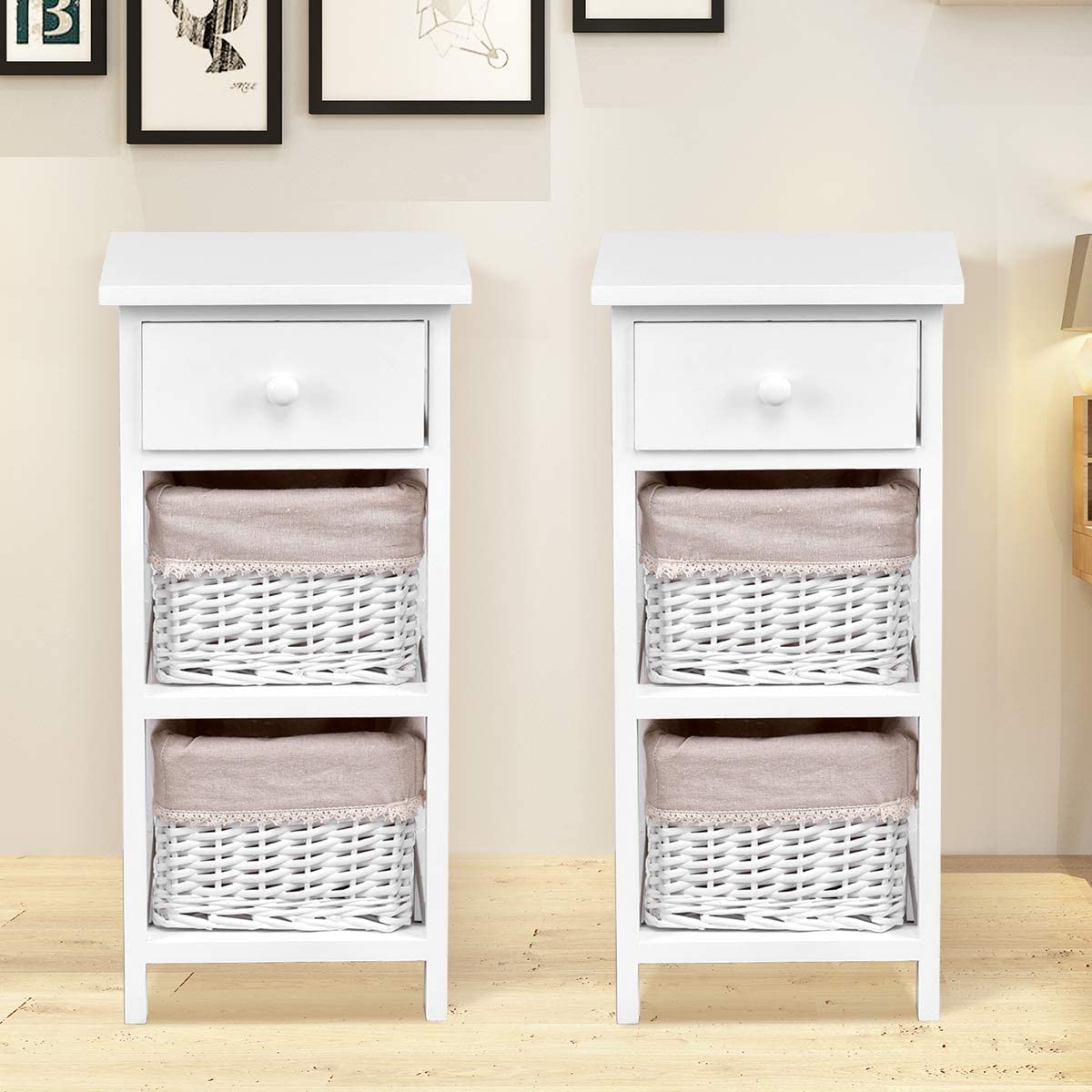 Conjunto de 2 Mesinhas de Cabeceira Modernas com 1 Gaveta e 2 Caixas Organizadoras para Casa Sala Quarto Branco 28 x 26 x 59,5 cm
