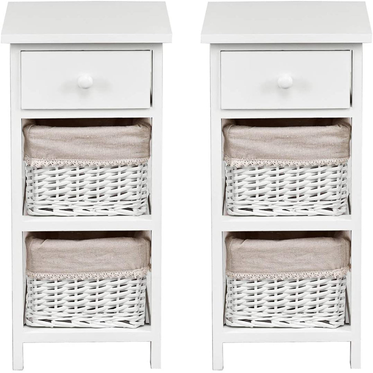 Conjunto de 2 Mesinhas de Cabeceira Modernas com 1 Gaveta e 2 Caixas Organizadoras para Casa Sala Quarto Branco 28 x 26 x 59,5 cm
