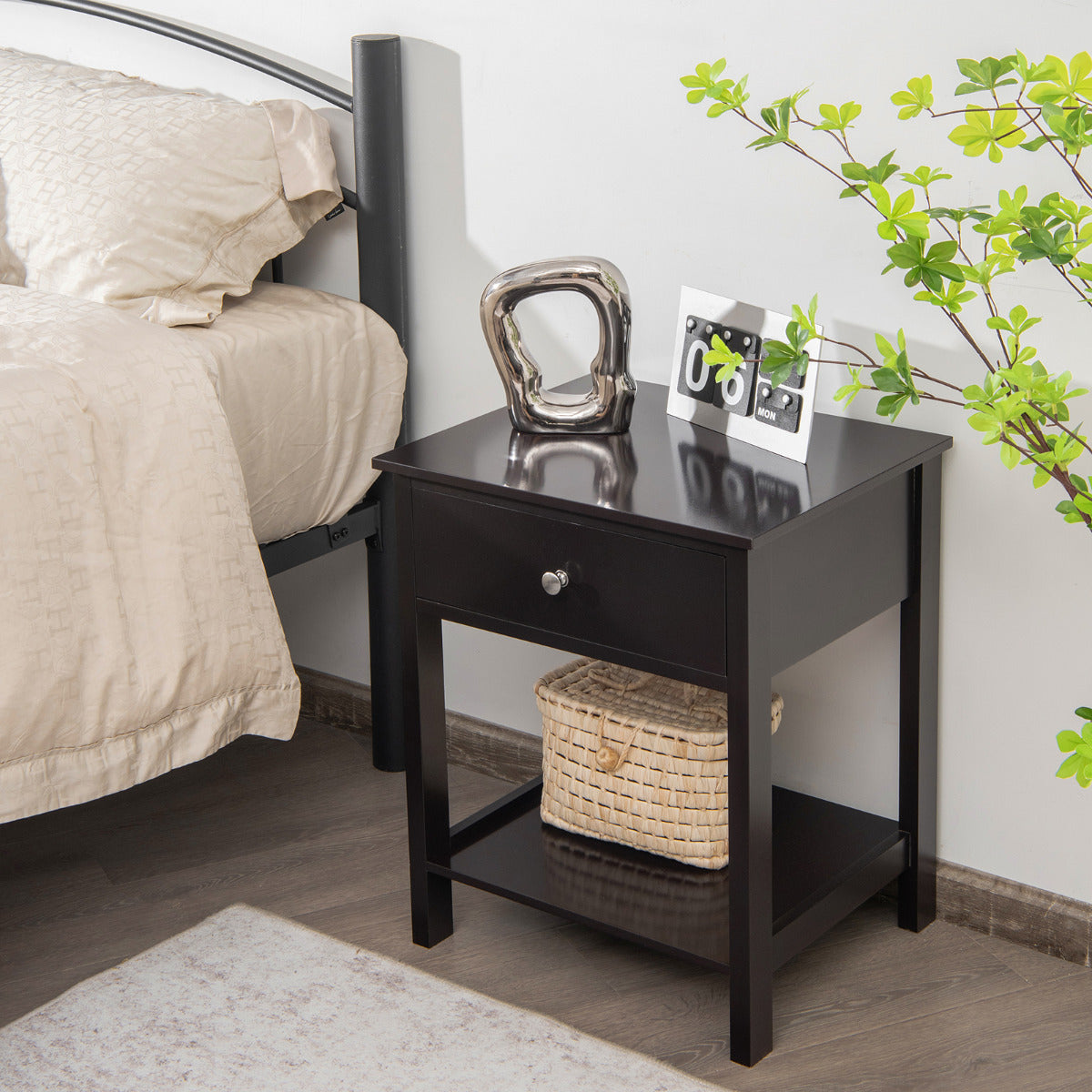 Mesinha de Cabeceira com Gaveta e Prateleira Mesinha Auxiliar de 2 Níveis Simples e Moderna para Sala Quarto Corredor Preto