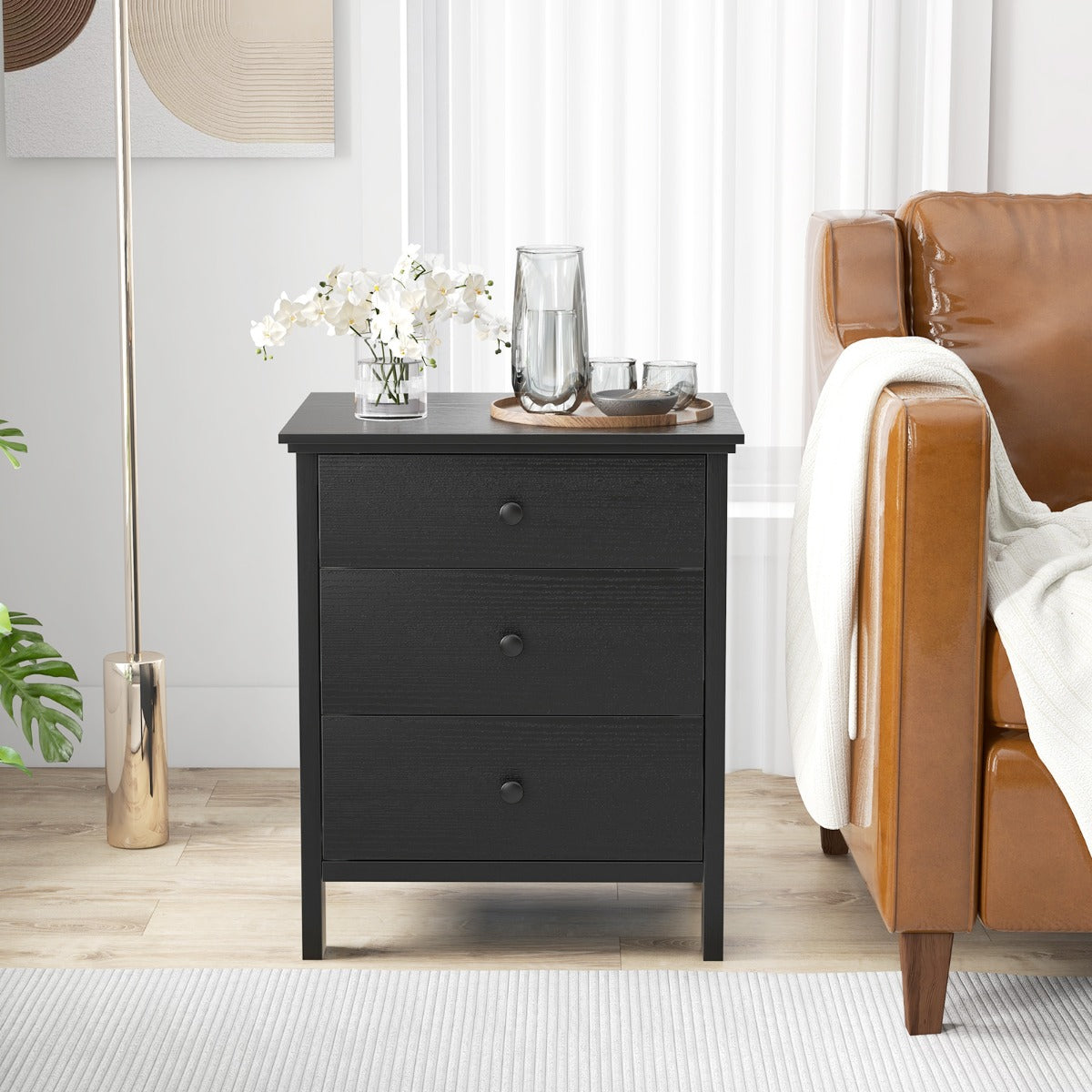 Mesinha de Cabeceira com 3 Gavetas e Pernas Sólidas para Sala de Estar, Quarto e Escritório 56 x 45 x 66 cm Preto
