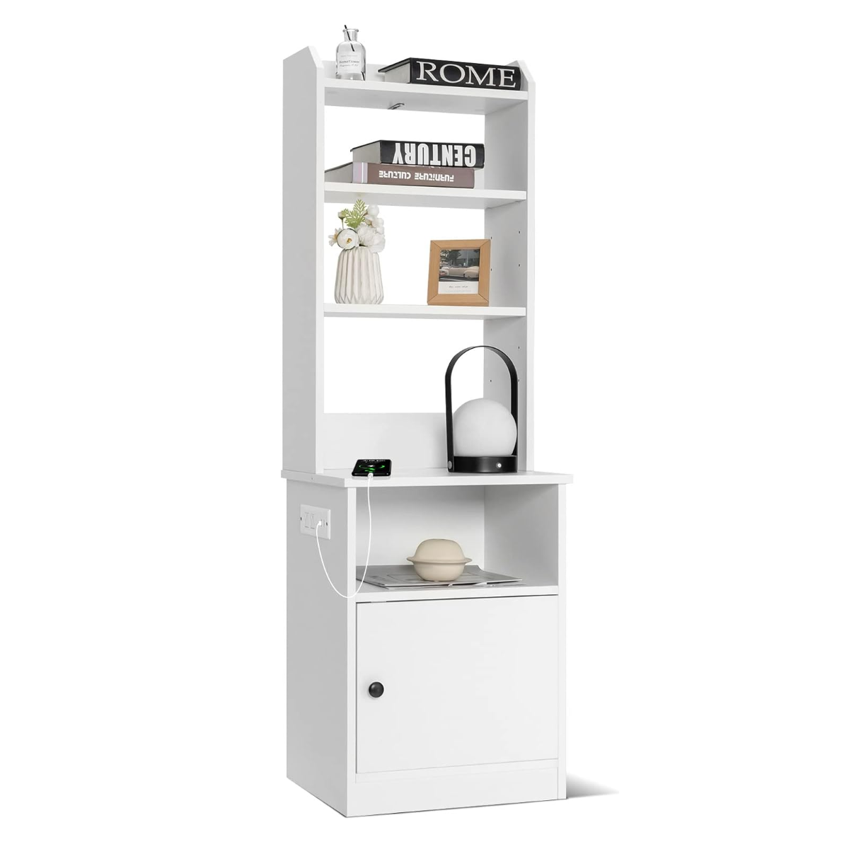Mesinha de Cabeceira de 6 Níveis com Estação de Carregamento e 5 Prateleiras Abertas e Armário para Quarto Sala 45 x 36 x 140 cm Branco