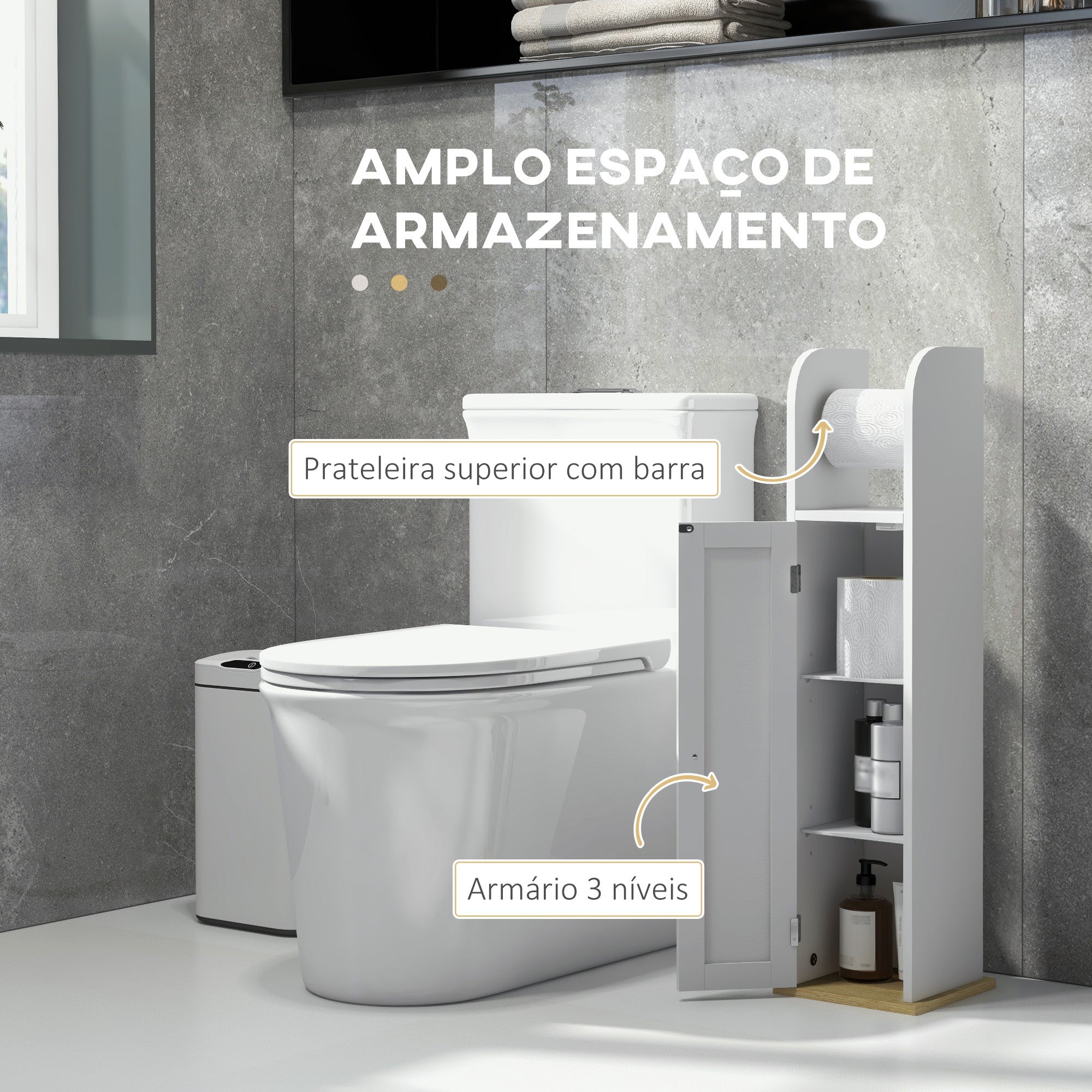 Armário Casa de Banho Branco 20x20x80 cm com Prateleiras Ajustáveis e Suporte para Papel Higiénico