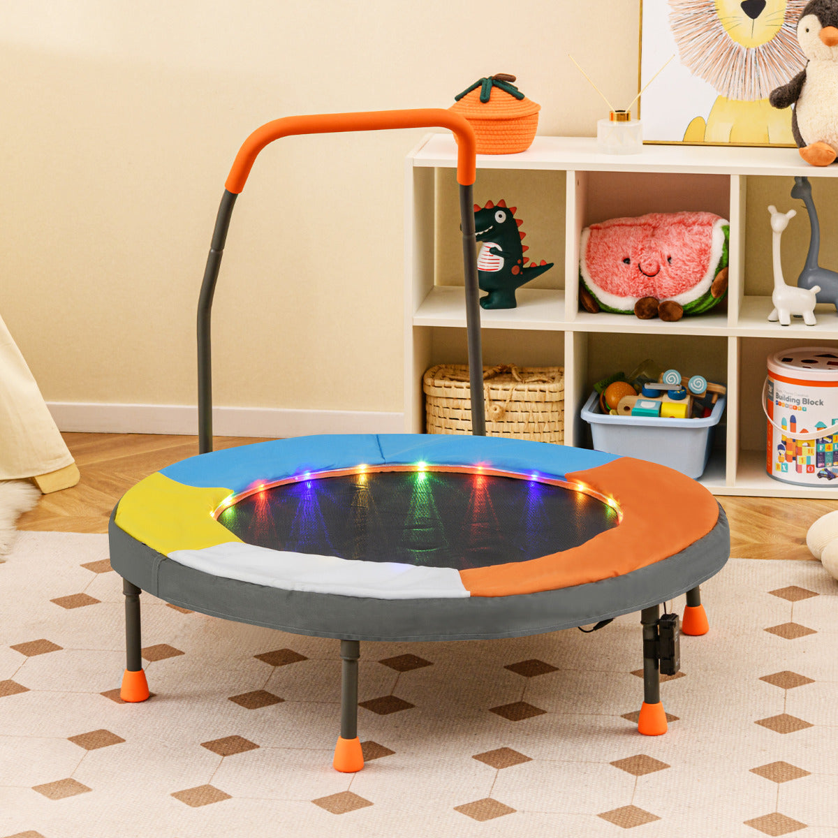 Mini Trampolim para Crianças de 90 cm com Luzes Rebatedor Pequeno Dobrável para Interior e Exterior com Barra de Espuma e Capa de Segurança