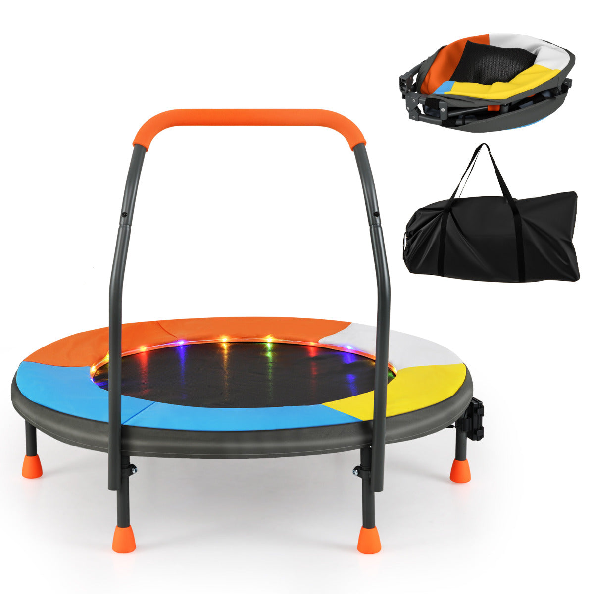 Mini Trampolim para Crianças de 90 cm com Luzes Rebatedor Pequeno Dobrável para Interior e Exterior com Barra de Espuma e Capa de Segurança