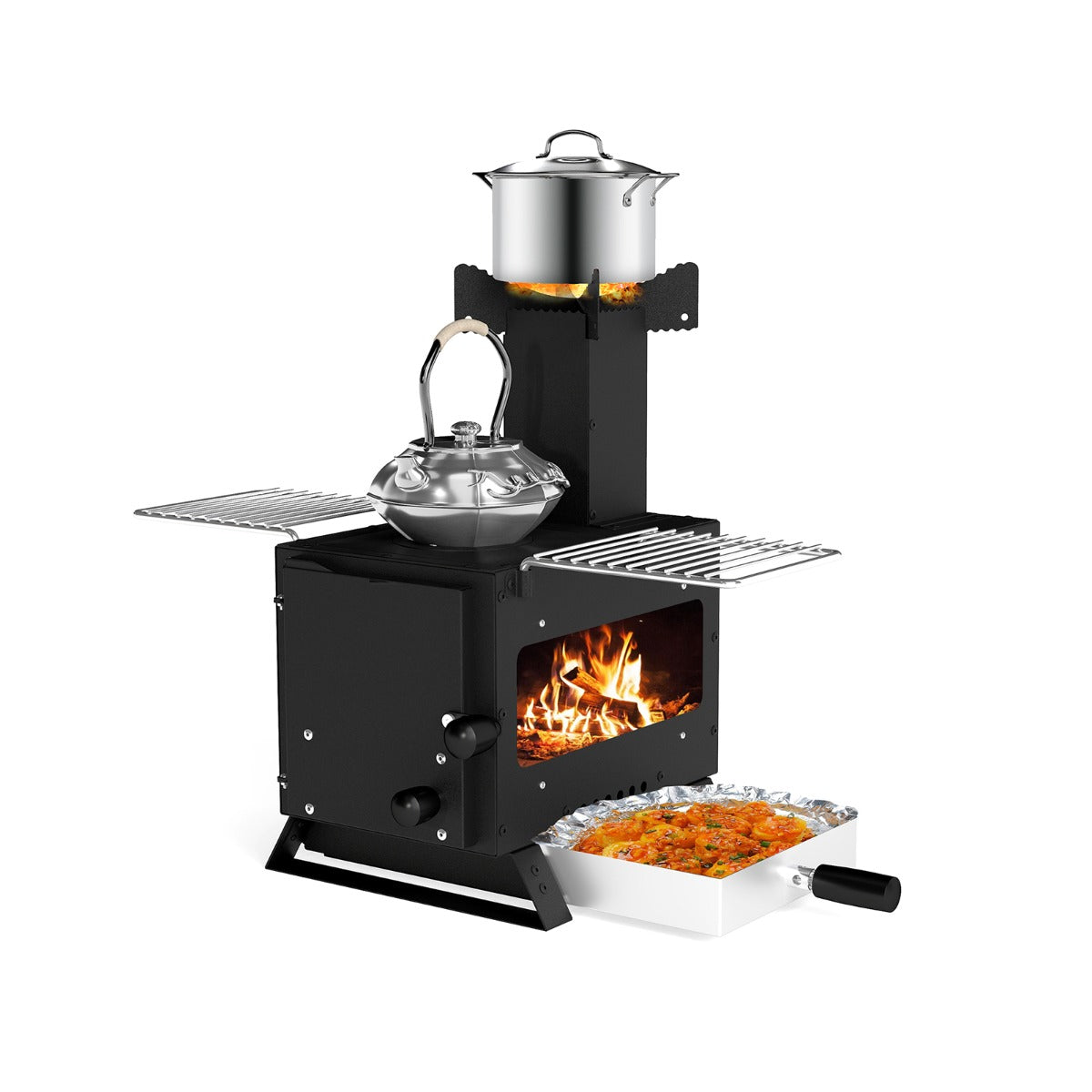 Estufa de Lenha de Mesa Portátil com Grelha para Panelas Bandeja de Forno em Aço Inoxidável e 2 Grelhas para Campismo e Piquenique