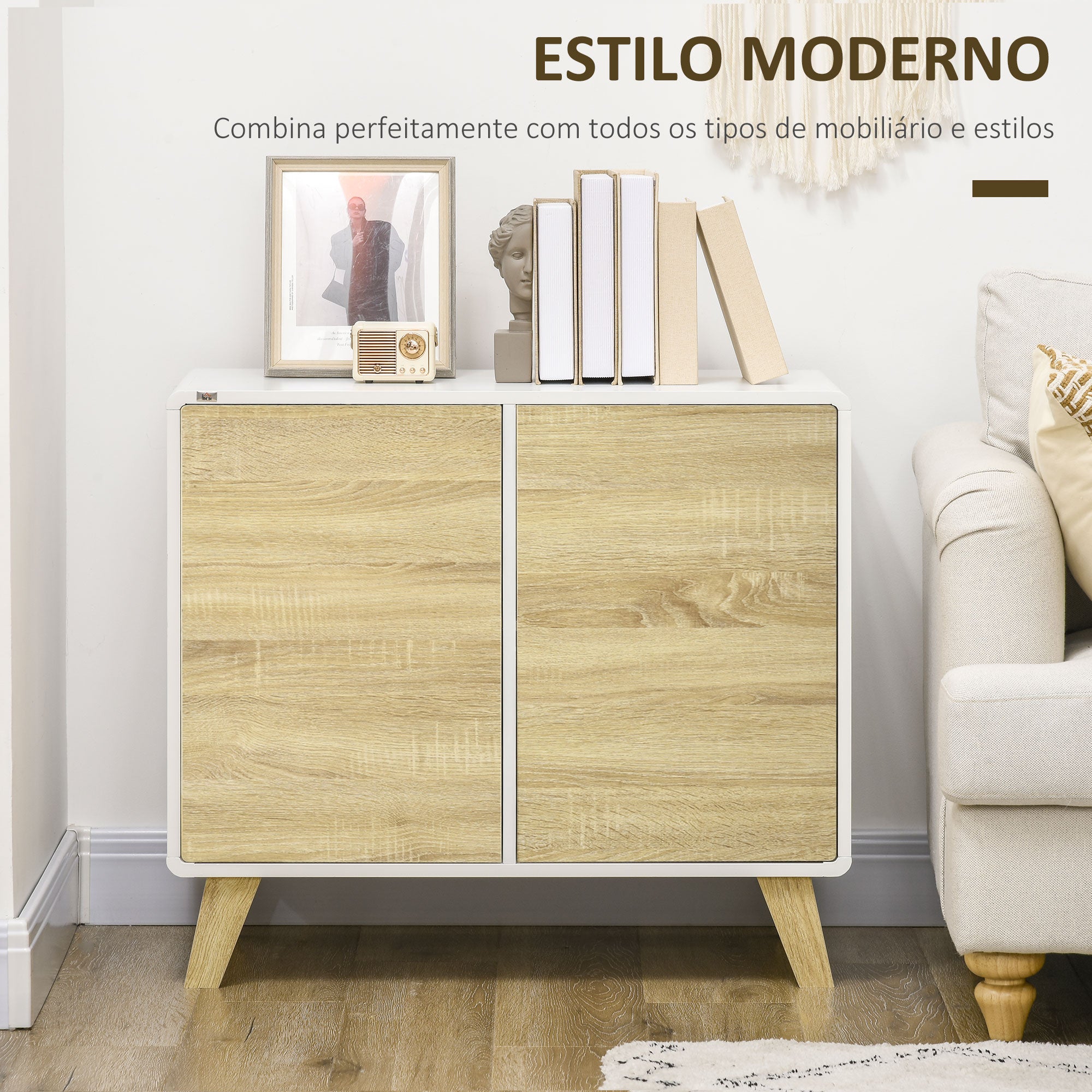Aparador Moderno Buffet de Sala de Jantar 80x40x70cm Branco e Carvalho