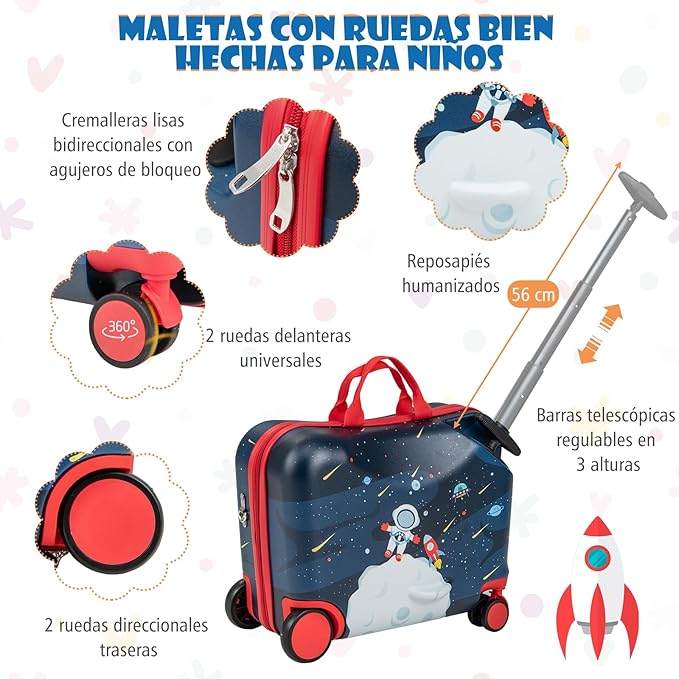 Conjunto de Mala com Rodas de 18" + Mochila Infantil com Pega e Alças Ajustáveis com Rodas Trotinete 40L Astronautas