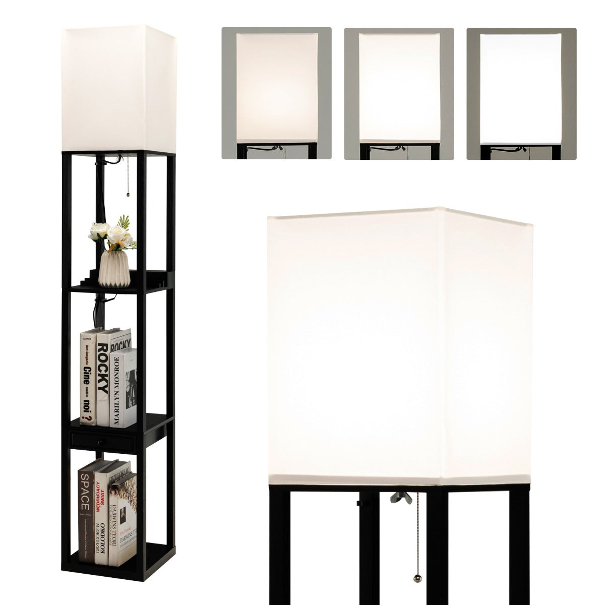 Elegante Candeeiro de Pé com Prateleira, Gaveta e Porta USB Interruptor de Corrente Luminosidade de 3 Níveis Luz para Quarto Sala de Estar