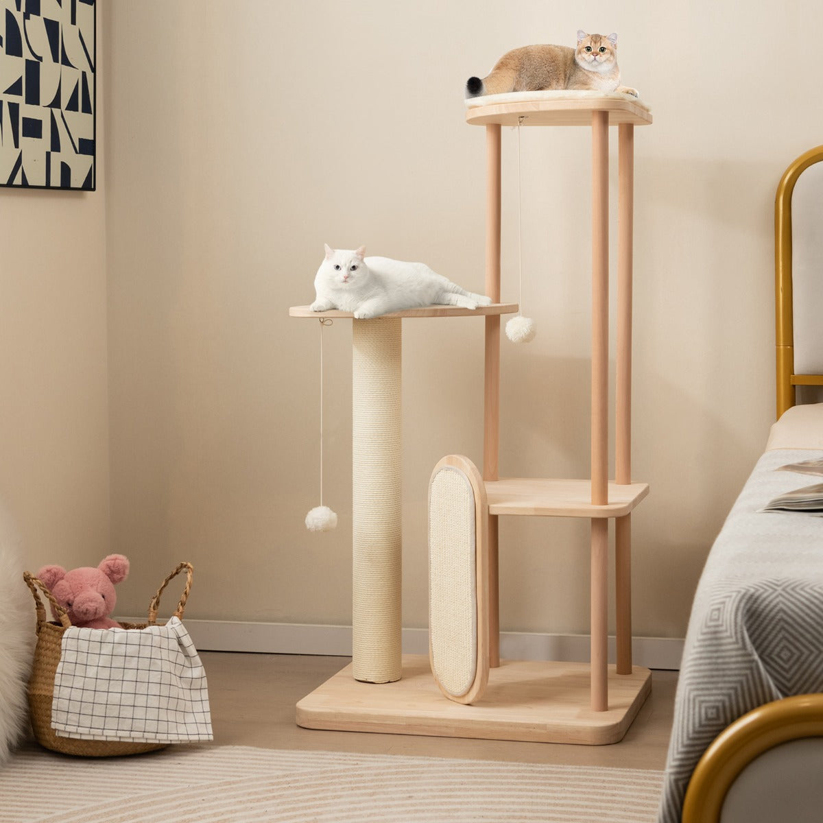 Torre para Gatos com Poste Arranhador em Sisal Plataforma Acolchoada Bege