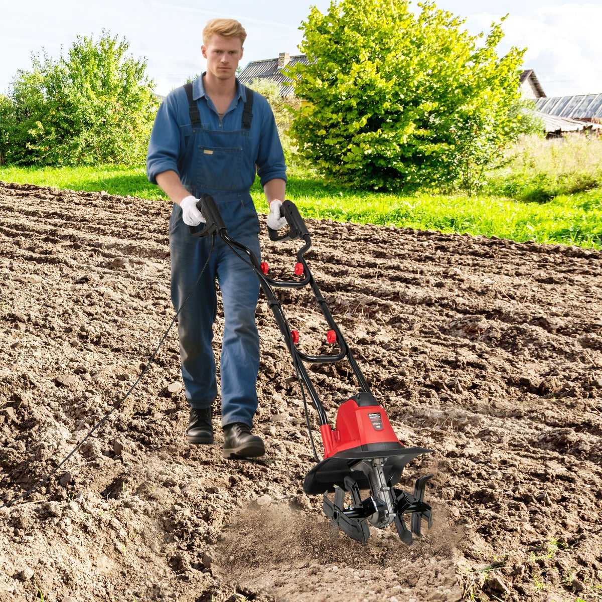 Motoazada Eléctrica com Cabo 750W com Guiador Dobrável 4 Lâminas Profundidade de Trabalho de 22 cm Escarificadores de Jardinagem Vermelho