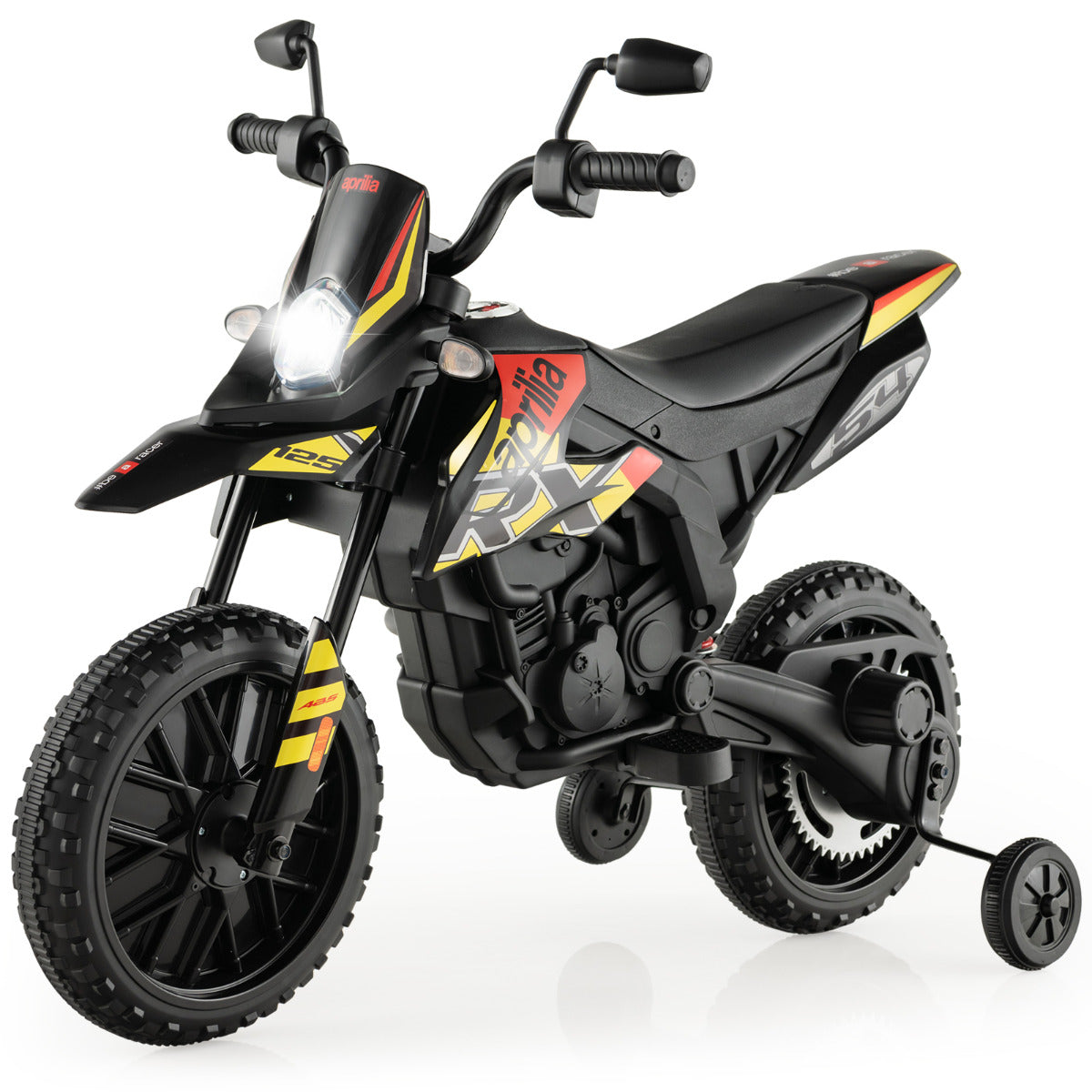 Motocicleta Elétrica Infantil com Licença Aprilia e 2 Rodas de Treino Moto de Bateria 12V para Crianças dos 3 aos 8 Anos Preto