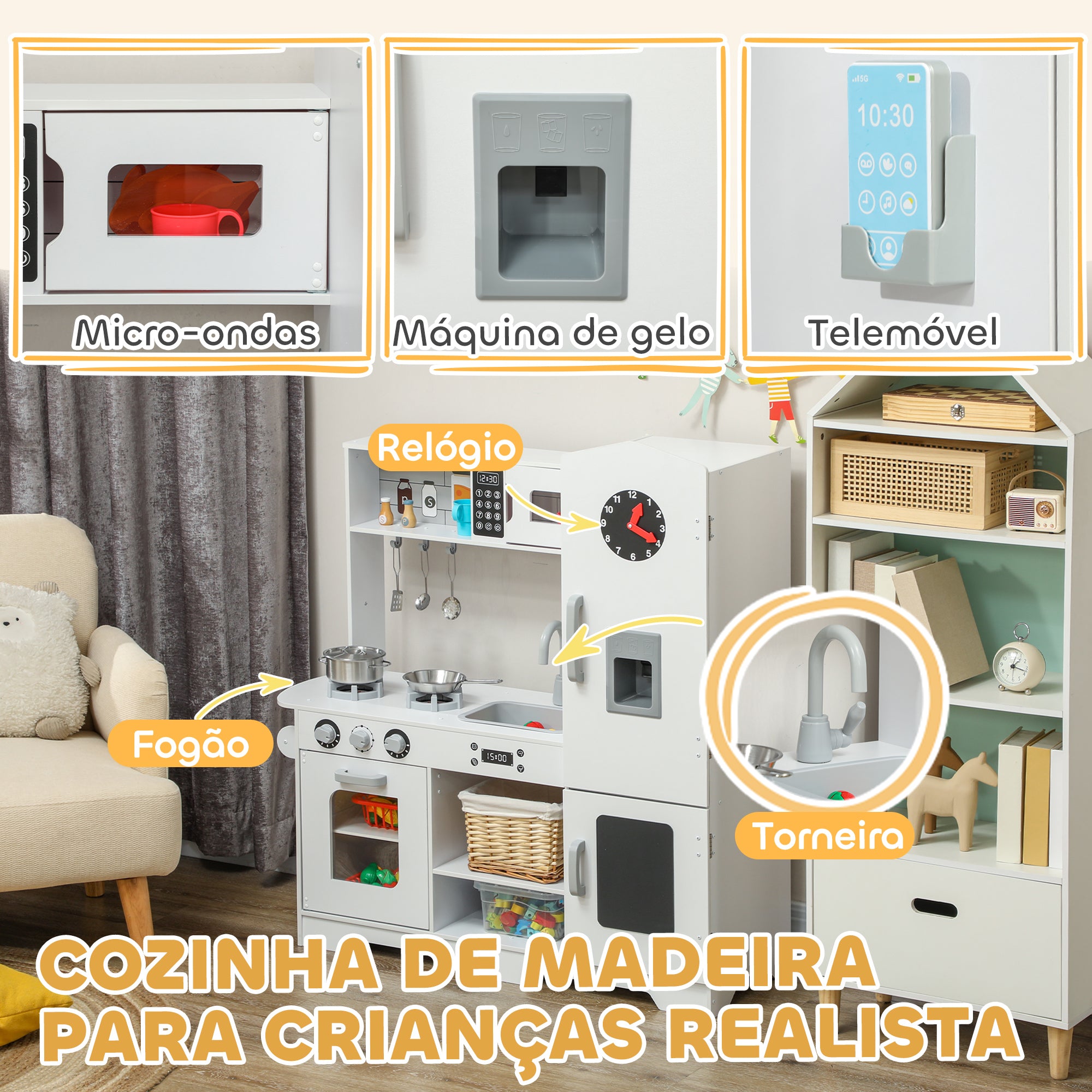 Cozinha de Madeira para Crianças 100,5x41x110 cm - Branco