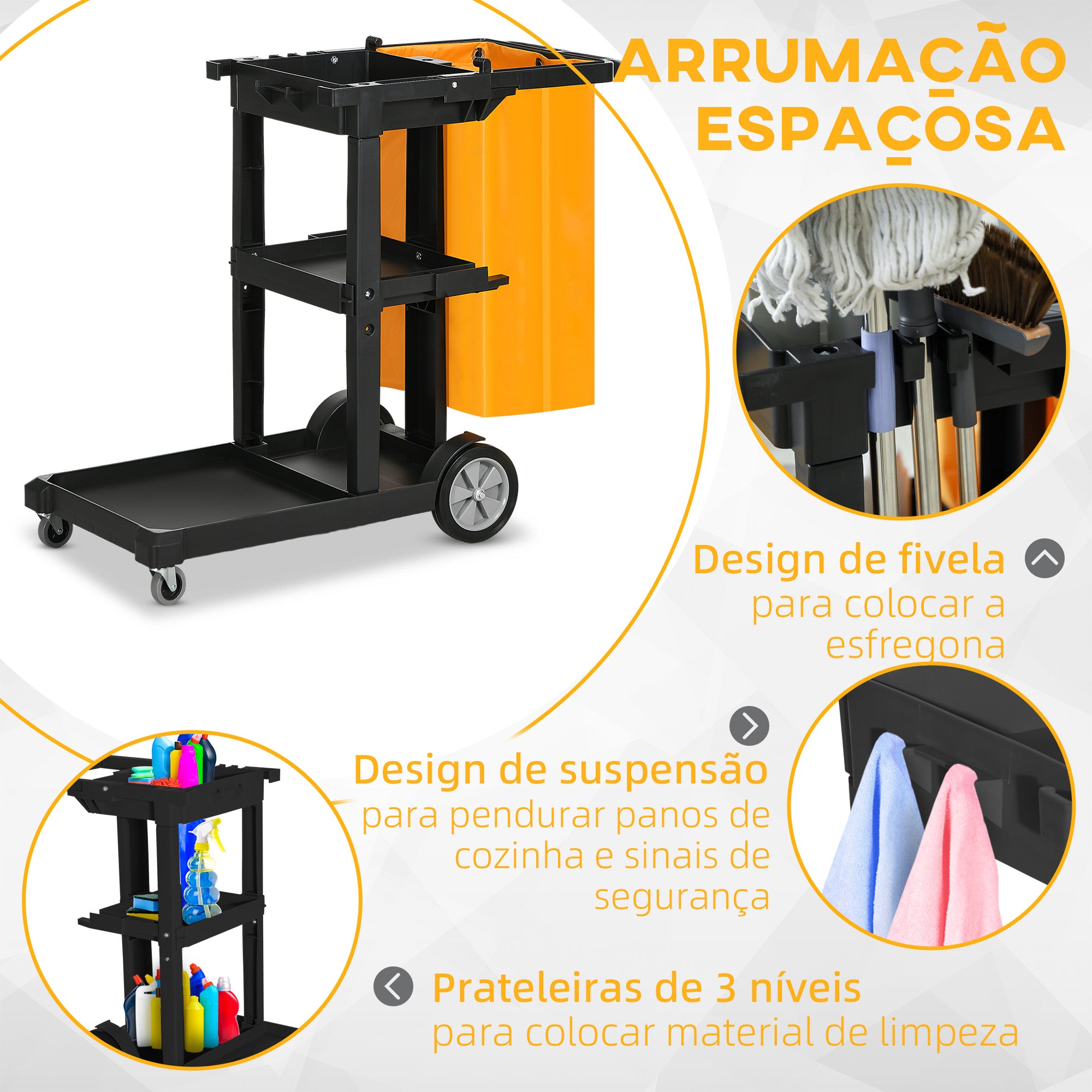 Carrinho de Limpeza Profissional com 3 Prateleiras 121x50,5x96,5 cm - Preto e Amarelo