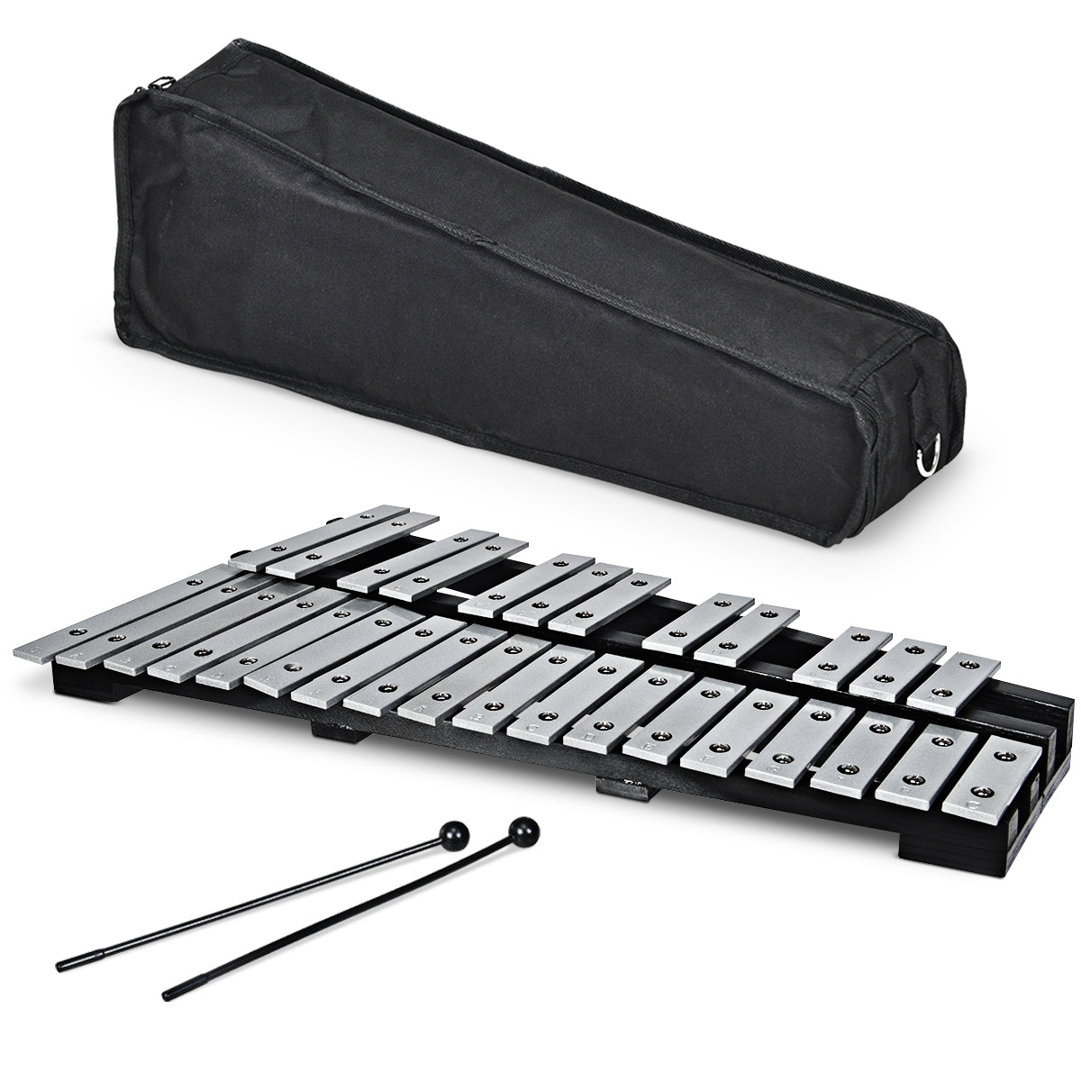Xilofone Dobrável com 30 Teclas, 2 Baquetas de Borracha, uma Tira e uma Bolsa de Transporte para Adultos e Crianças Preto e Prateado 56 x 33 x 5 cm