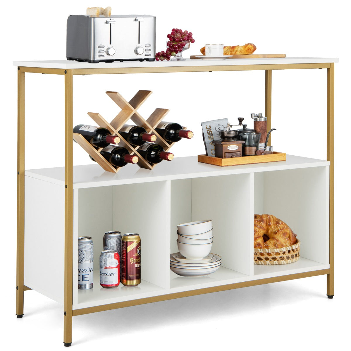 Aparador de Buffet de Cozinha em Madeira de 3 Níveis, Branco, 110 x 42,5 x 88 cm