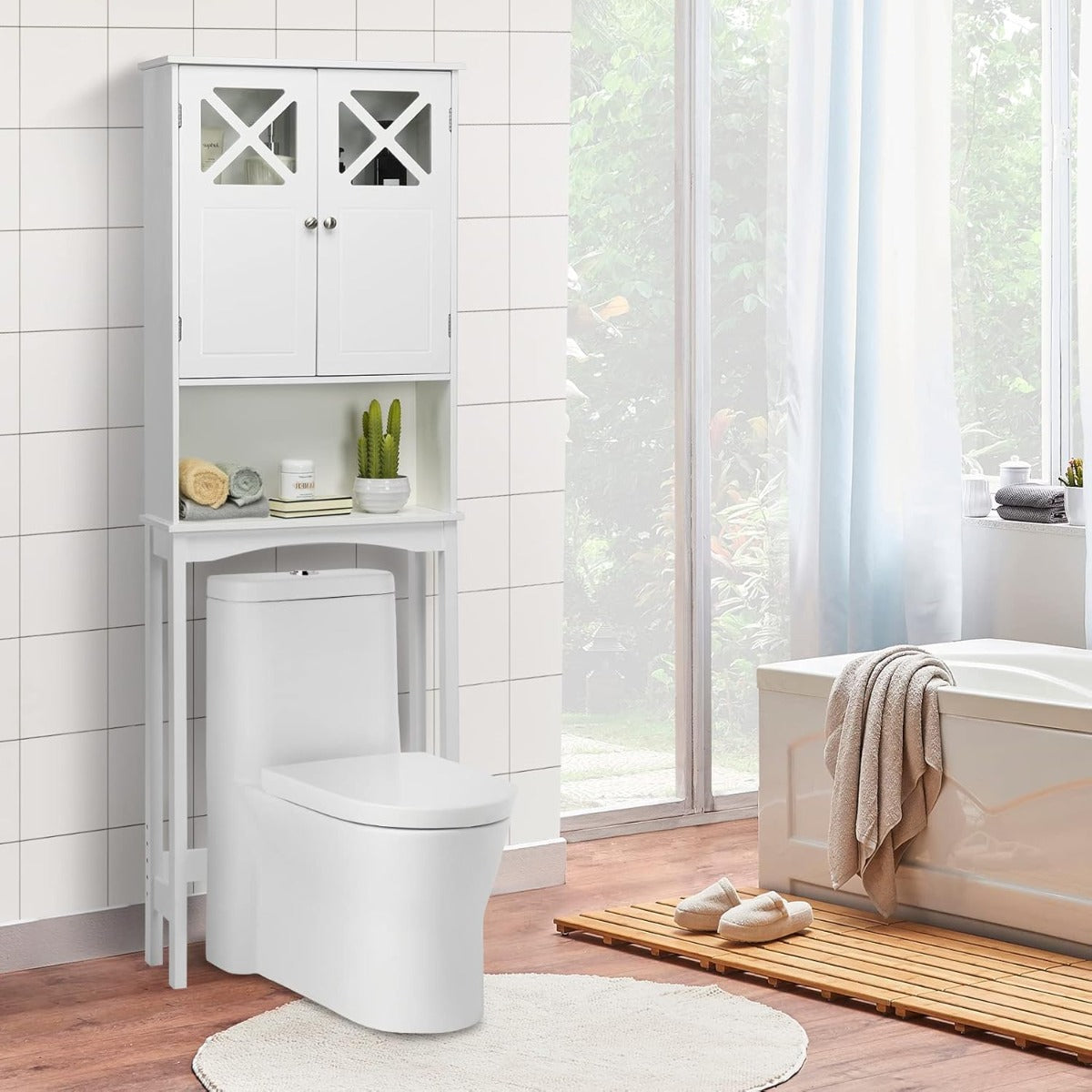 Móvel de Casa de Banho com Armário de Porta e Prateleira Aberta Móvel de Sanita Multifuncional 60 x 20 x 173 cm Branco