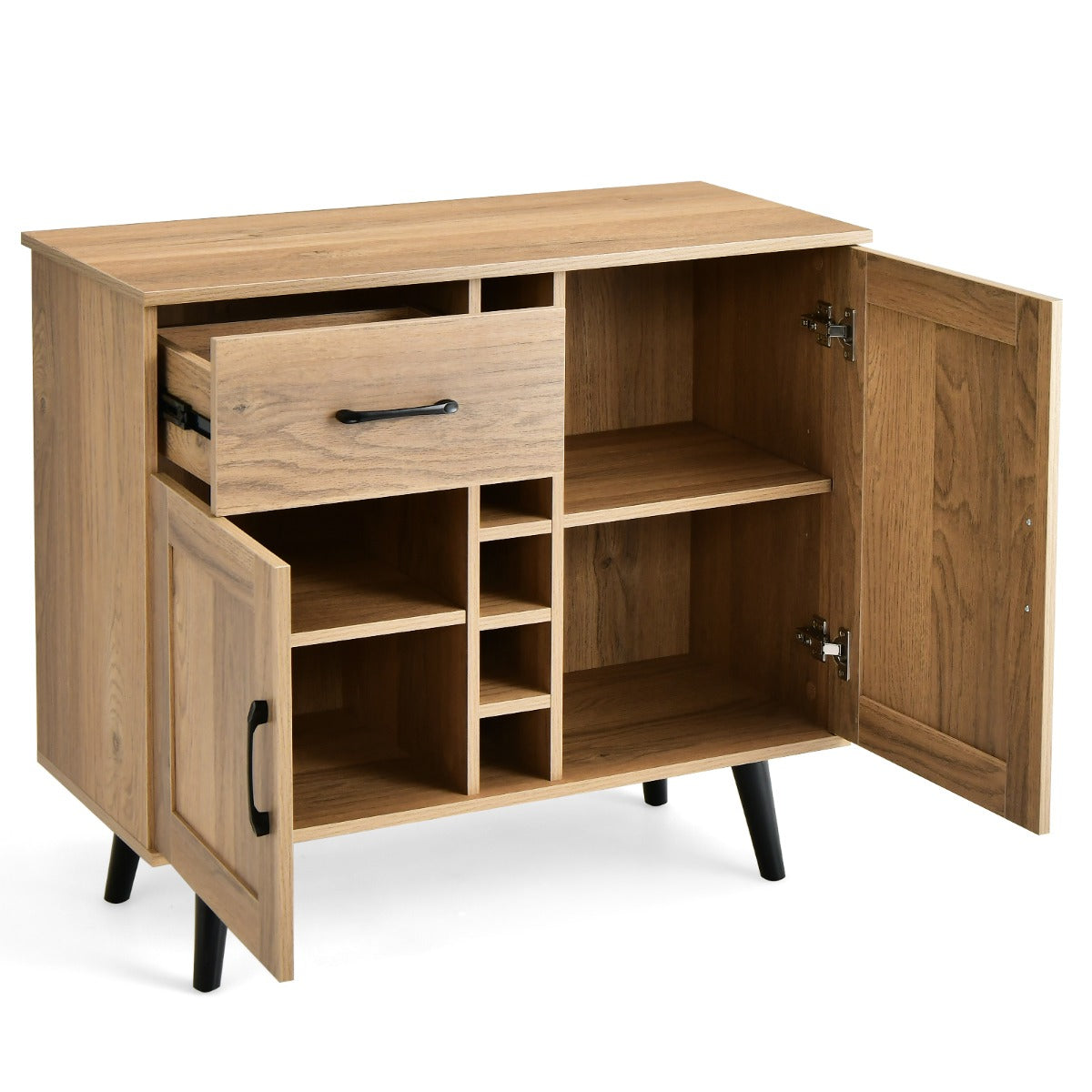 Armário de Bar de Vinho com 6 Suportes para Garrafas, Gaveta Removível e Prateleiras Ajustáveis para Cozinha e Sala de Estar 90 x 40 x 79 cm Natural