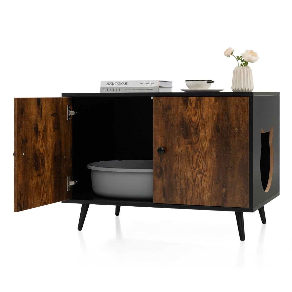 Móvel de Ocultação para Caixa de Areia para Gato Moderno com Divisor e 2 Entradas 80 x 50 x 57 cm Castanho e Preto