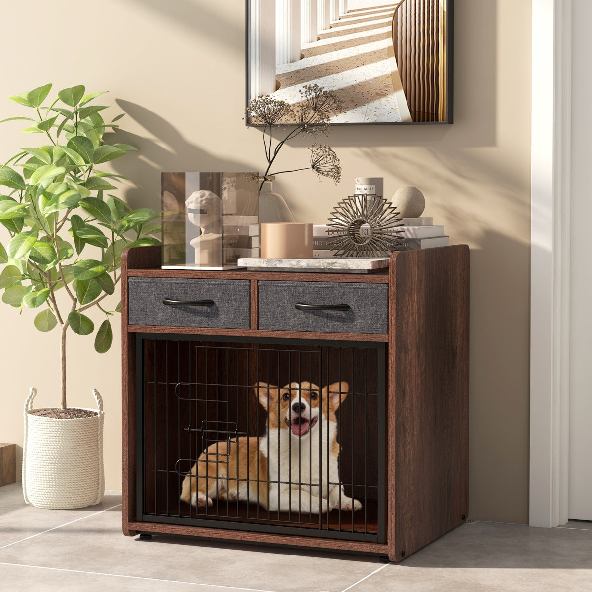 Móvel para Cão com 2 Gavetas em Tecido – 62 × 49,5 × 63 cm – Castanho