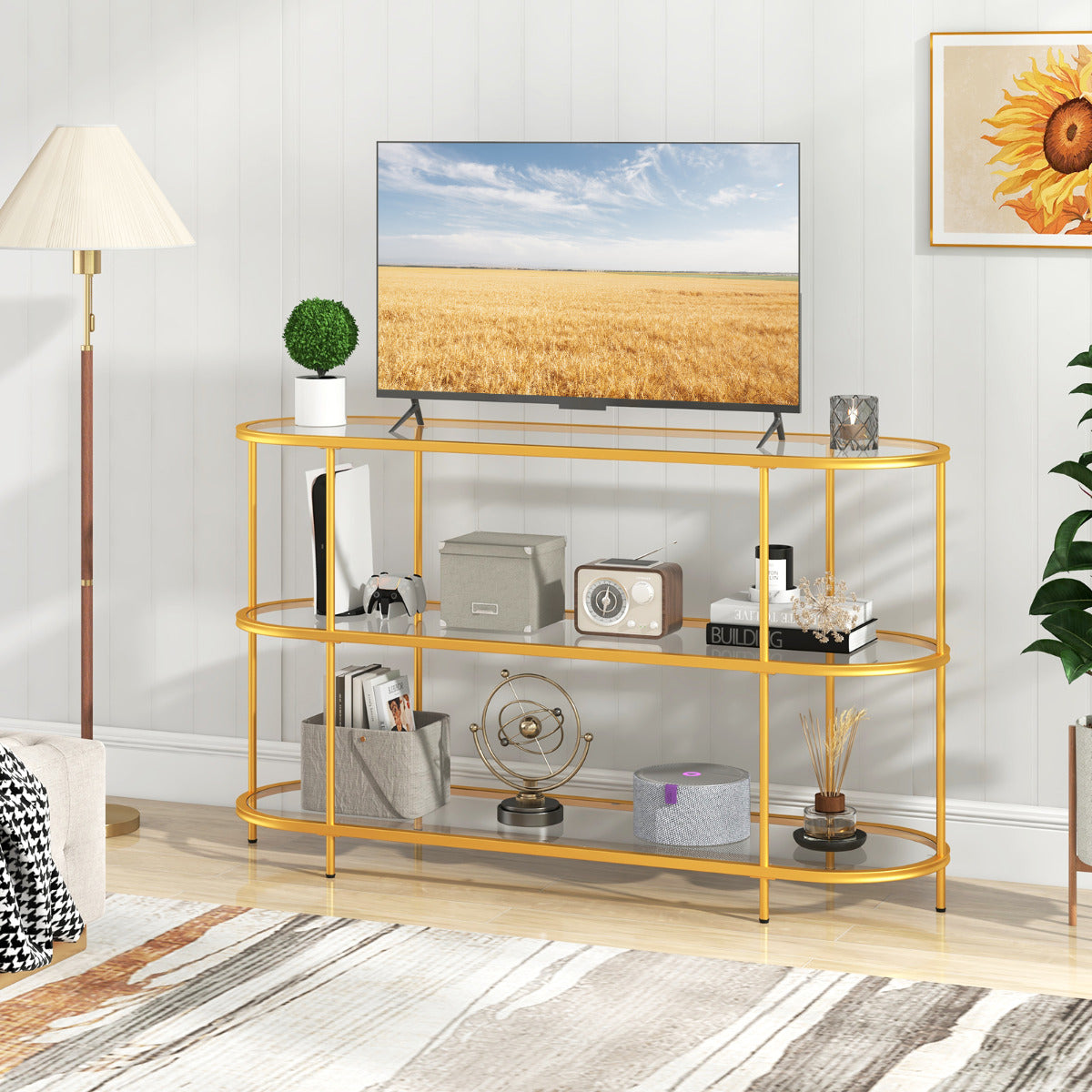Móvel de TV de 3 Níveis para Televisões até 65'' Consola de TV com Prateleiras de Vidro Temperado Moderno para Sala de Estar Entrada Dourado