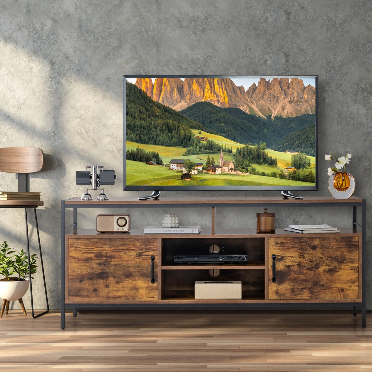 Móvel de TV com Estante Aberta e Armário de Arrumação Independente 147 x 40 x 62 cm Castanho Rústico