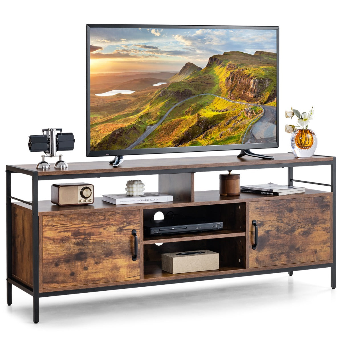 Móvel de TV com Estante Aberta e Armário de Arrumação Independente 147 x 40 x 62 cm Castanho Rústico