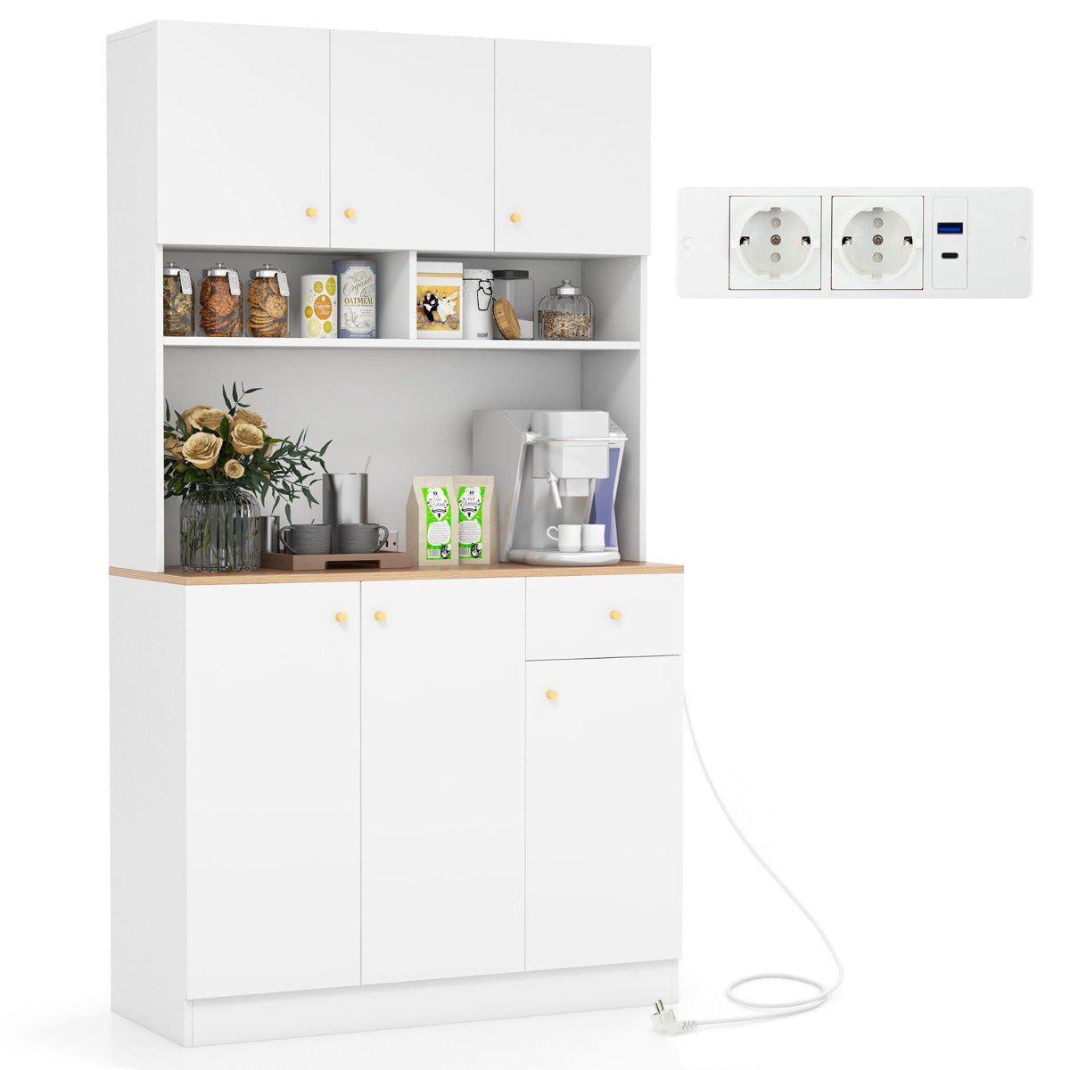 Armário de Despensa Alto 181 cm com Tomadas Elétricas Portas USB Kits Antivuelco Prateleiras Buffet com Aparador para Sala de Jantar Branco