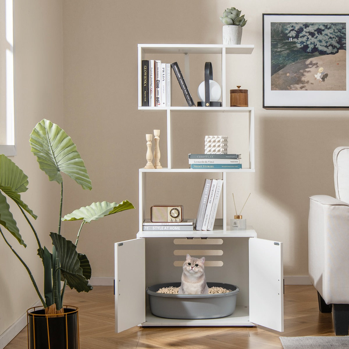 Móvel com Casa de Banho Oculta para Gatos com 3 Estantes Abertos Entrada Lateral Portas 60 x 45,5 x 142 cm - Branco