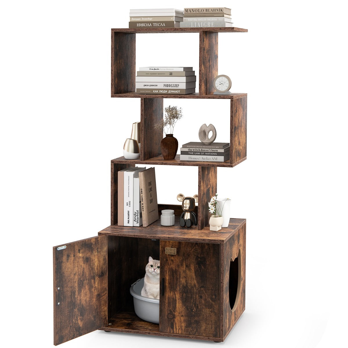 Móvel com Casa de Banho Oculta para Gatos com 3 Estantes Abertos Entrada Lateral Portas 60 x 45,5 x 142 cm Castanho