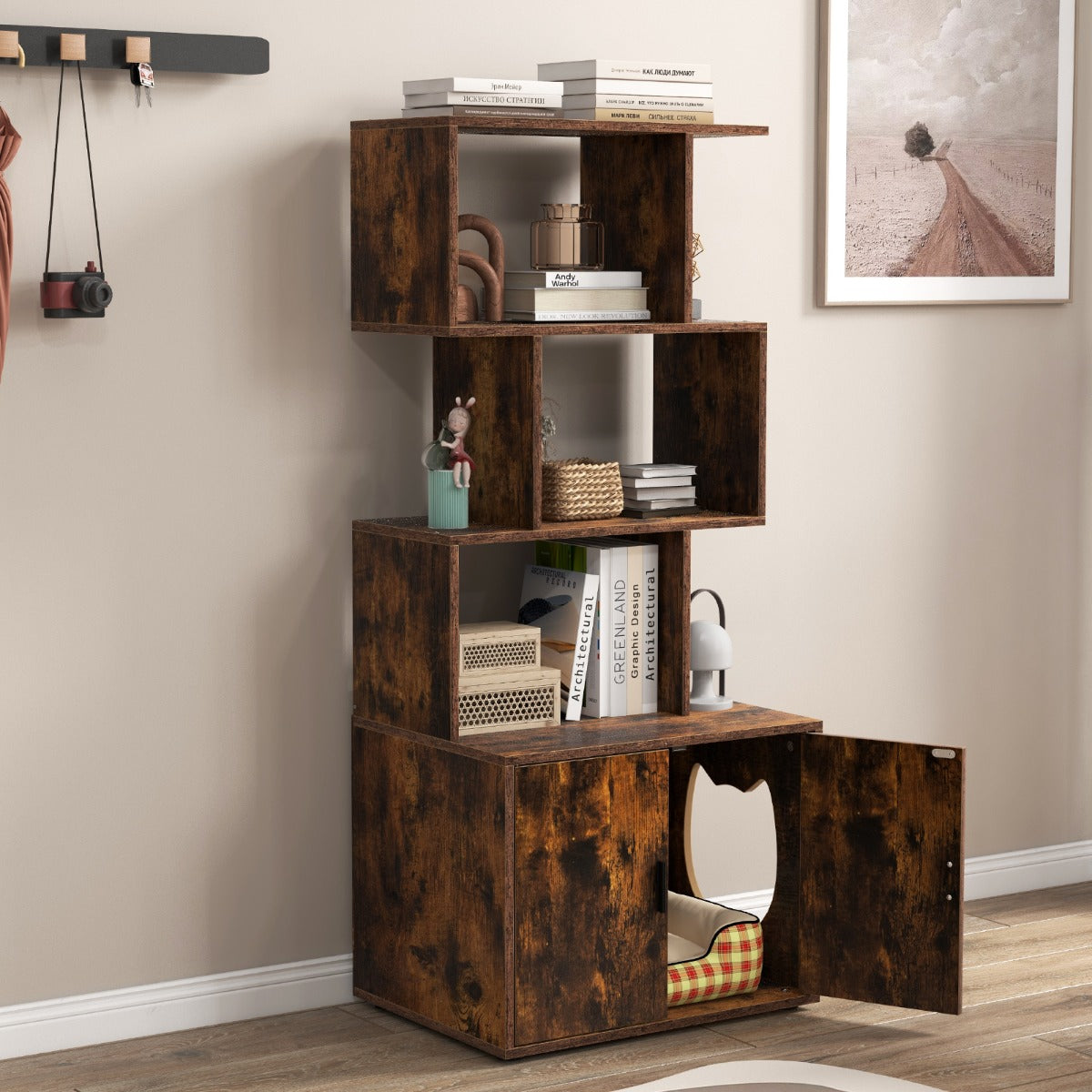 Móvel com Casa de Banho Oculta para Gatos com 3 Estantes Abertos Entrada Lateral Portas 60 x 45,5 x 142 cm Castanho