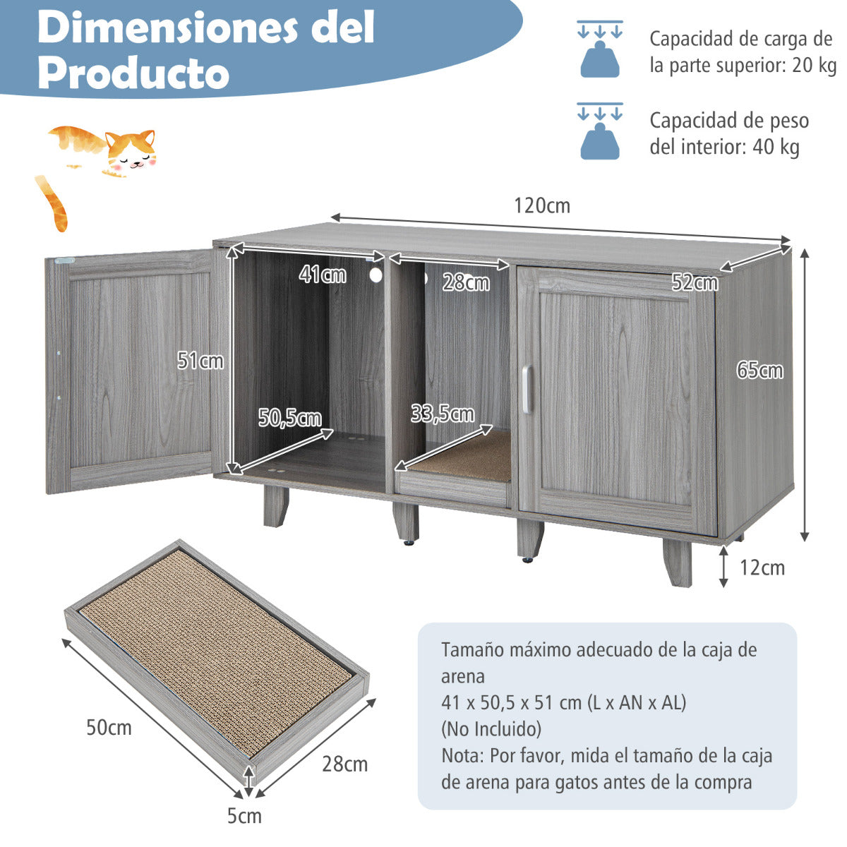 Móvel Para Gatos – 120 x 52 x 65 cm – Cinza Escuro – Madeira