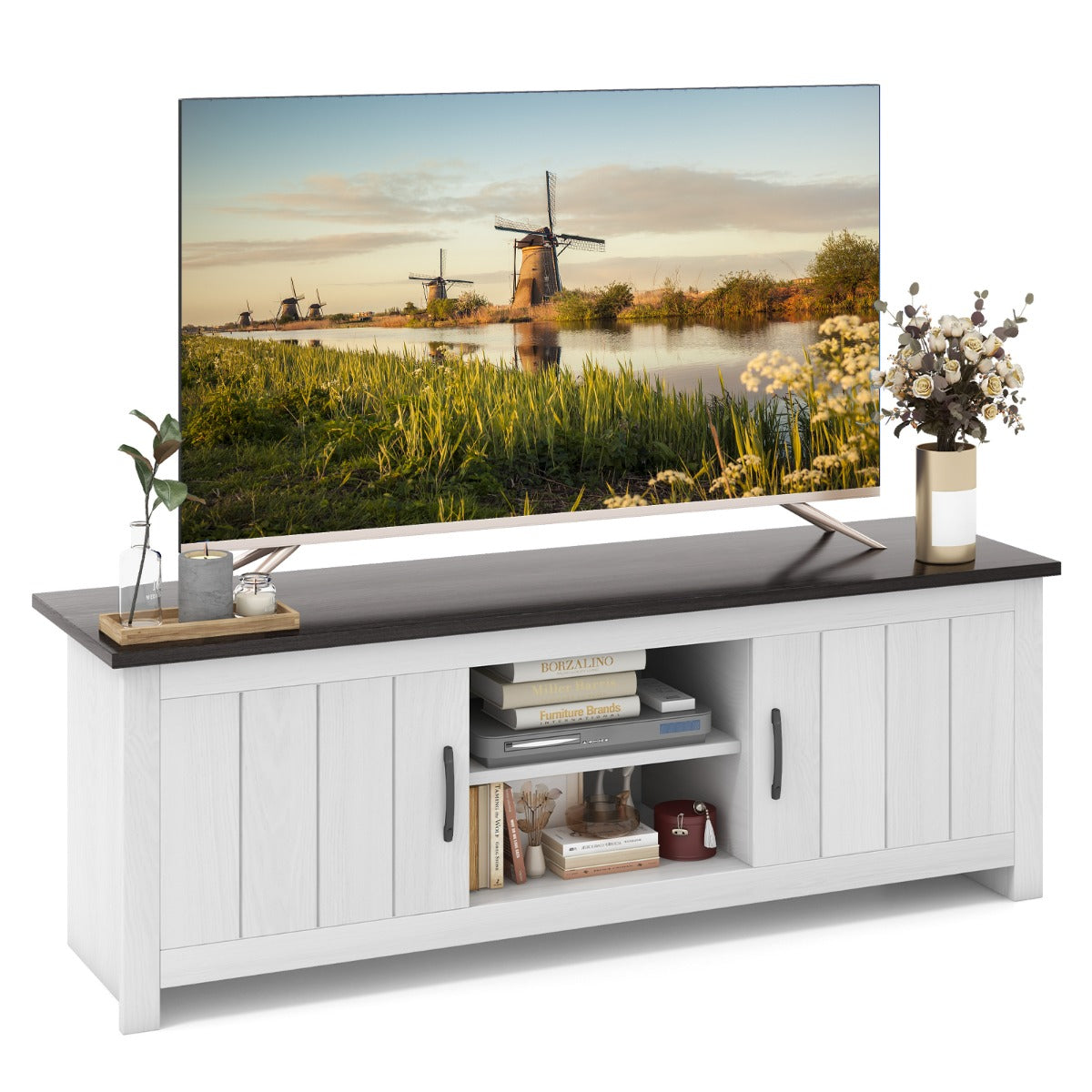 Móvel de TV até 65" com 2 Portas 2 Armários Prateleiras Abertas 2 Orifícios para Cabos 145 x 39,5 x 49,5 cm-Cinza Escuro