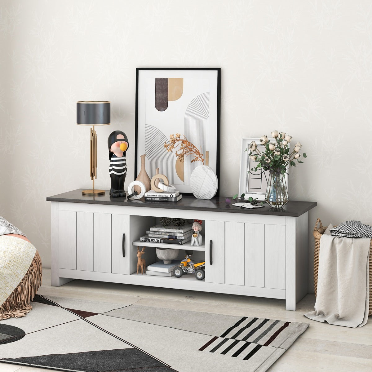 Móvel de TV até 65" com 2 Portas 2 Armários Prateleiras Abertas 2 Orifícios para Cabos 145 x 39,5 x 49,5 cm-Cinza Escuro
