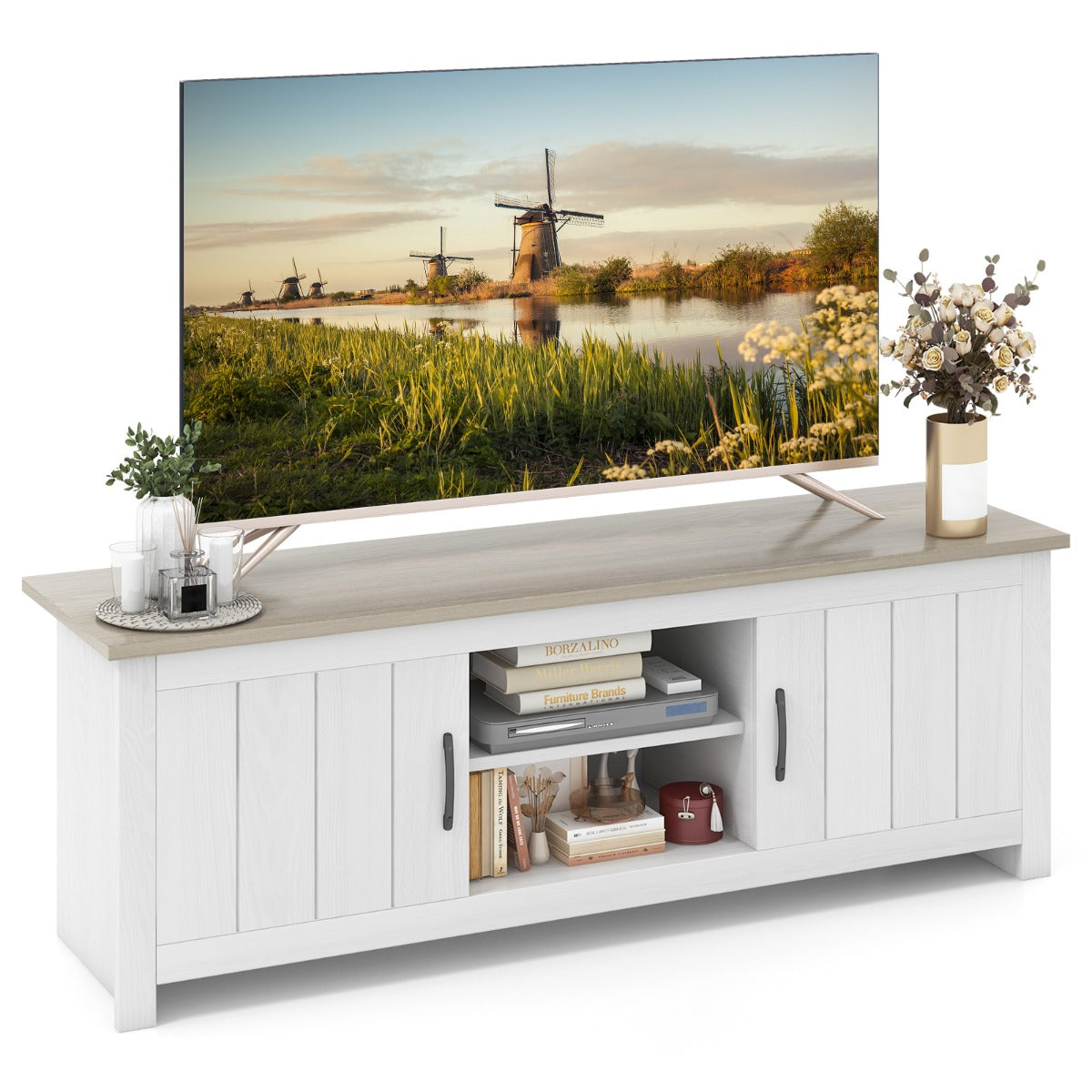 Móvel de TV até 65" com 2 Portas 2 Armários Prateleiras Abertas 2 Orifícios para Cabos 145 x 39,5 x 49,5 cm - Cinzento