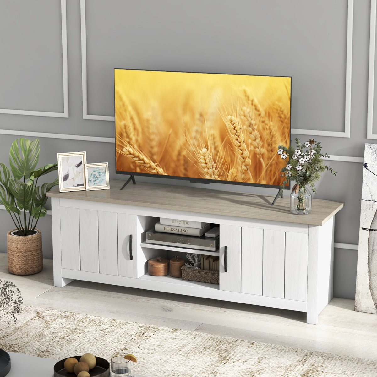 Móvel de TV até 65" com 2 Portas 2 Armários Prateleiras Abertas 2 Orifícios para Cabos 145 x 39,5 x 49,5 cm - Cinzento