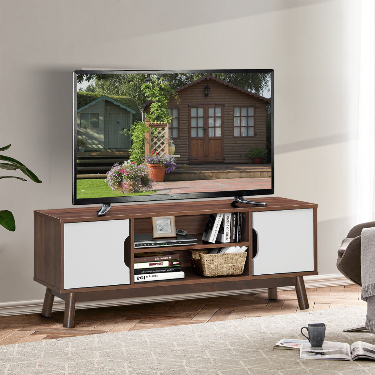 Móvel de TV Rustico Industrial Suporte para TV até 50” Centro de Entretenimento com Prateleira Aberta 2 Armários para Sala 119 x 37 x 48,5 cm Branco