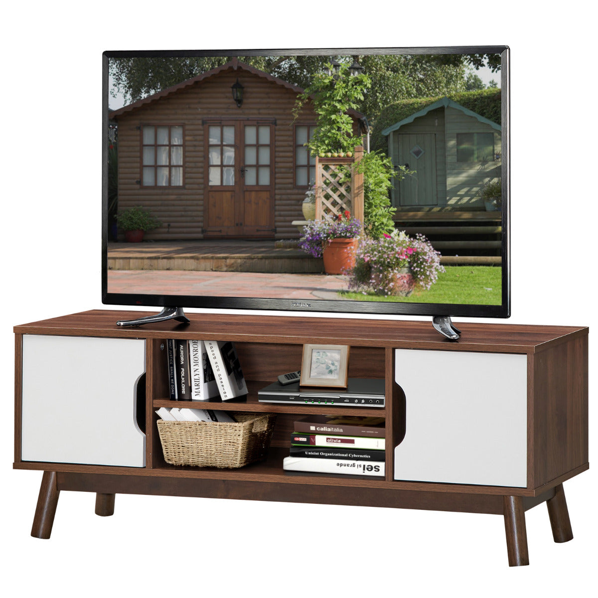 Móvel de TV Rustico Industrial Suporte para TV até 50” Centro de Entretenimento com Prateleira Aberta 2 Armários para Sala 119 x 37 x 48,5 cm Branco