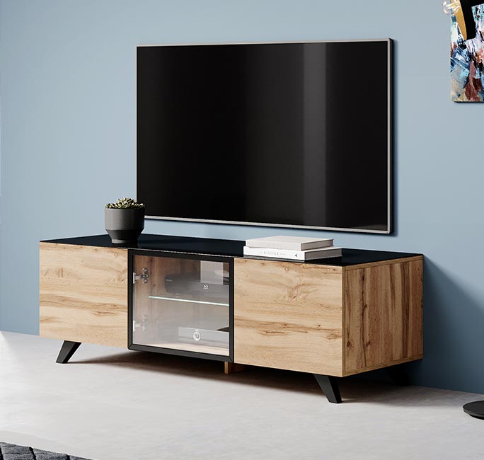Móvel de TV Virginia (150x47cm) em carvalho wotan e preto com LED