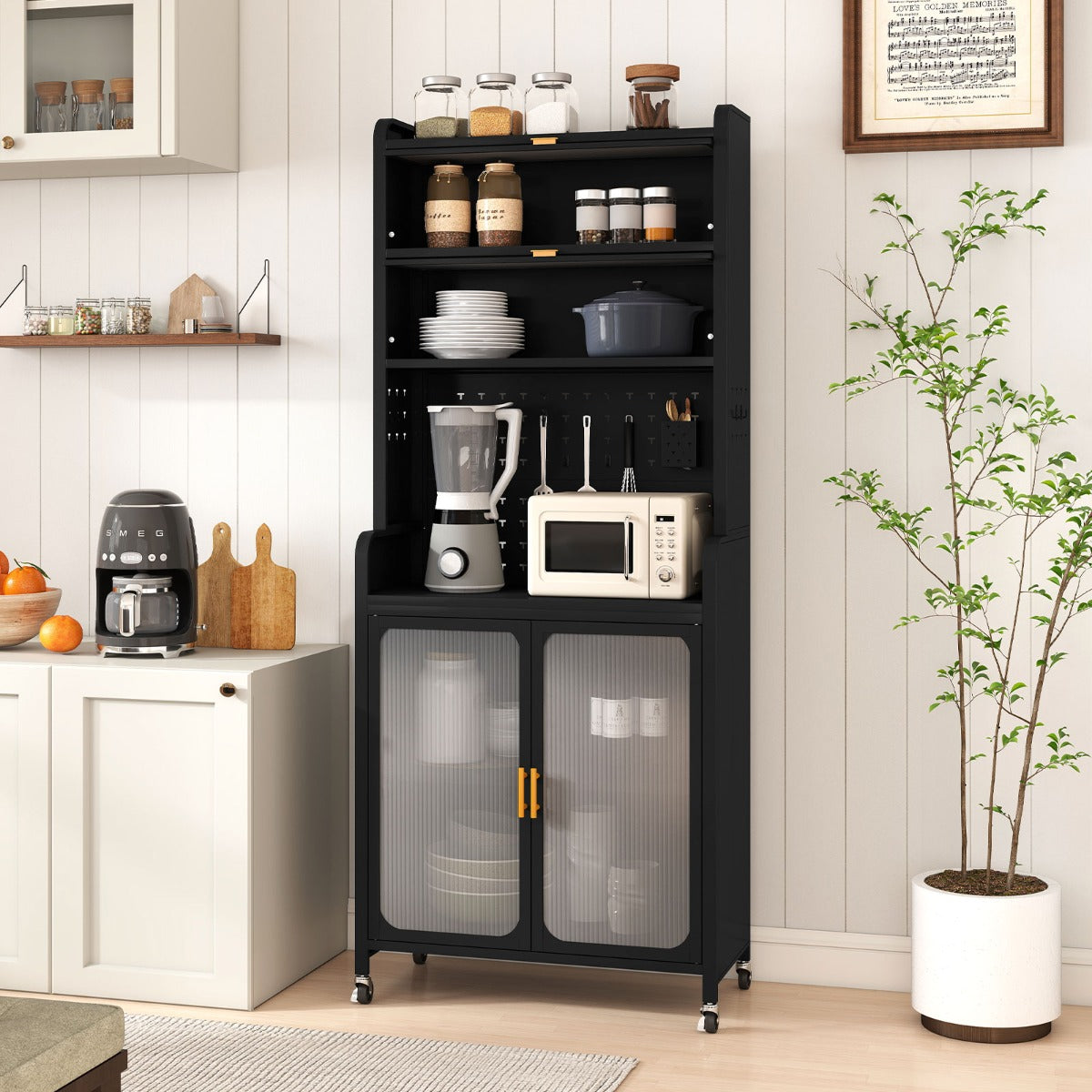 Armário de Cozinha de 6 Níveis com Rodas Pés Fixos Portas Abatíveis Transparentes e Prateleira Ajustável 79 x 37 x 192 CM Preto