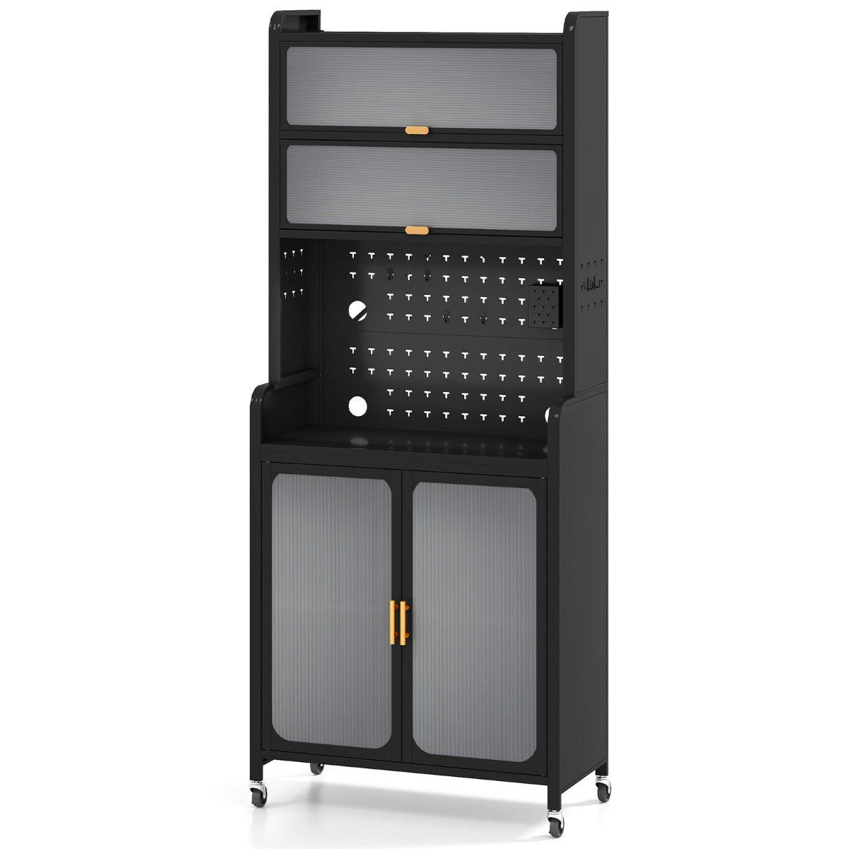 Armário de Cozinha de 6 Níveis com Rodas Pés Fixos Portas Abatíveis Transparentes e Prateleira Ajustável 79 x 37 x 192 CM Preto