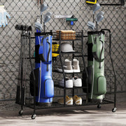 Suporte de Armazenamento para Sacos de Golfe para 2 Sacos de Golfe com 4 Rodas Universais para Cave de Clube 122 x 40 x 103 cm Preto