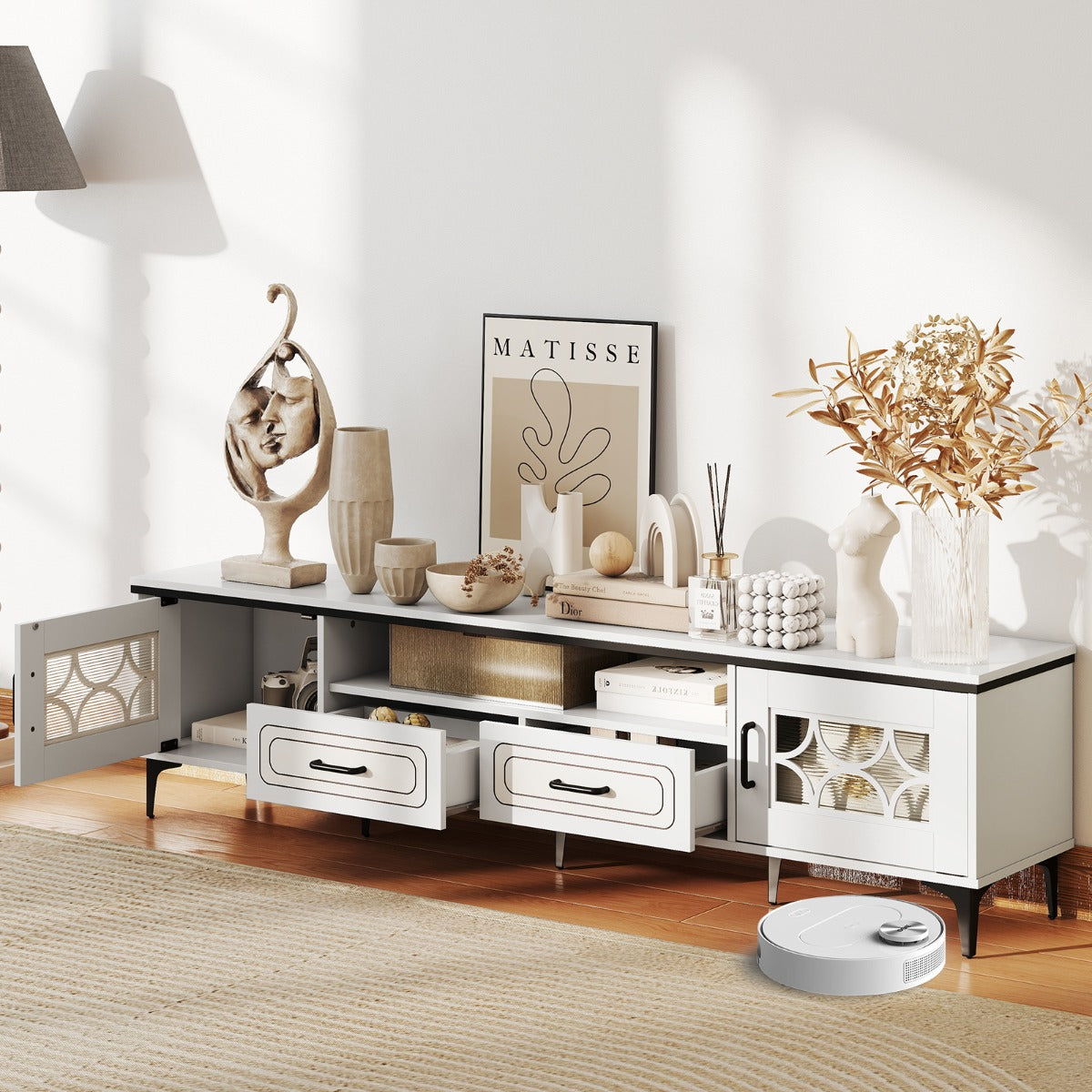 Móvel de TV para TV até 80 polegadas com 2 Gavetas 2 Compartimentos com Porta Estante para Sala 180,5 x 35 x 46 cm Branco